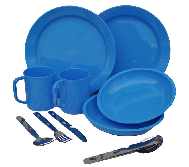 2 Person Camping Picnic Dining Set Plate Mug Bowl and Cutlery Blue