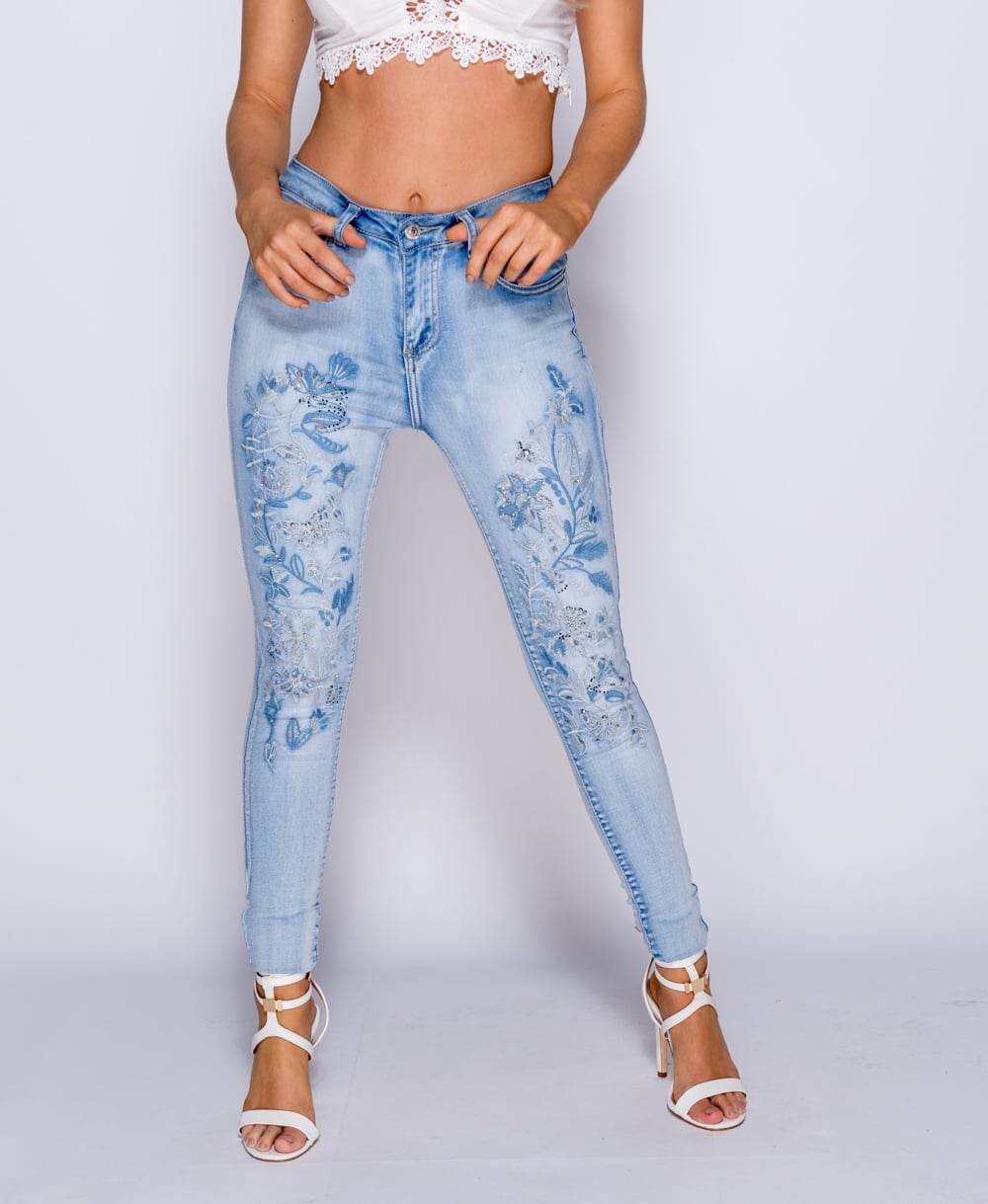 blue jeans with white flowers