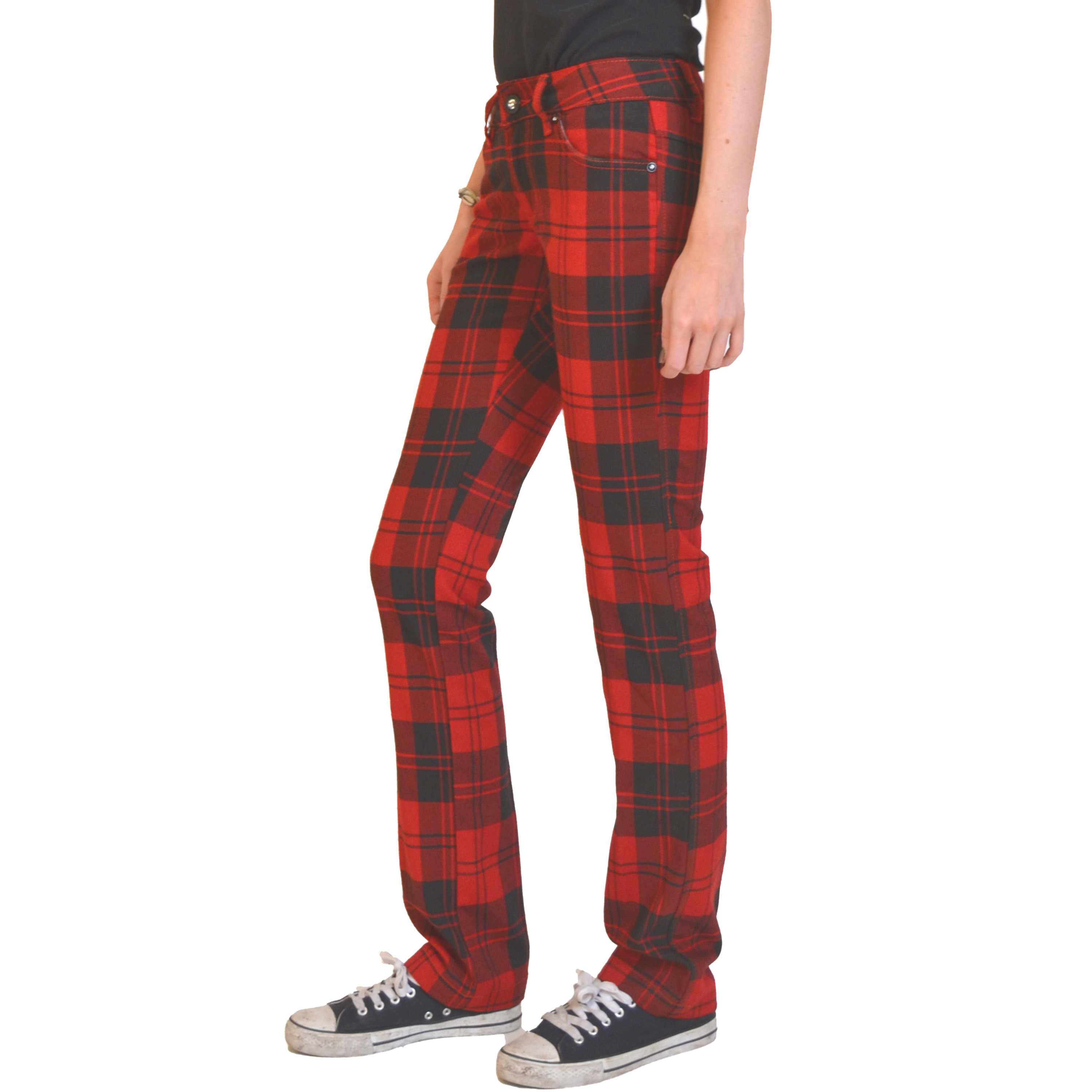 Ladies Womens Red Black Tartan Pants Red Plaid Punk Rockability 