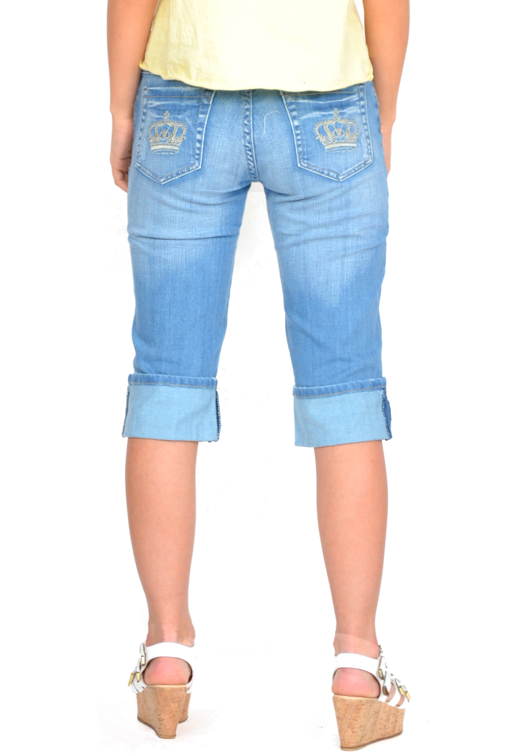 New Womens Ladies Blue Faded Long Denim Shorts Capri 3/4 Length ...