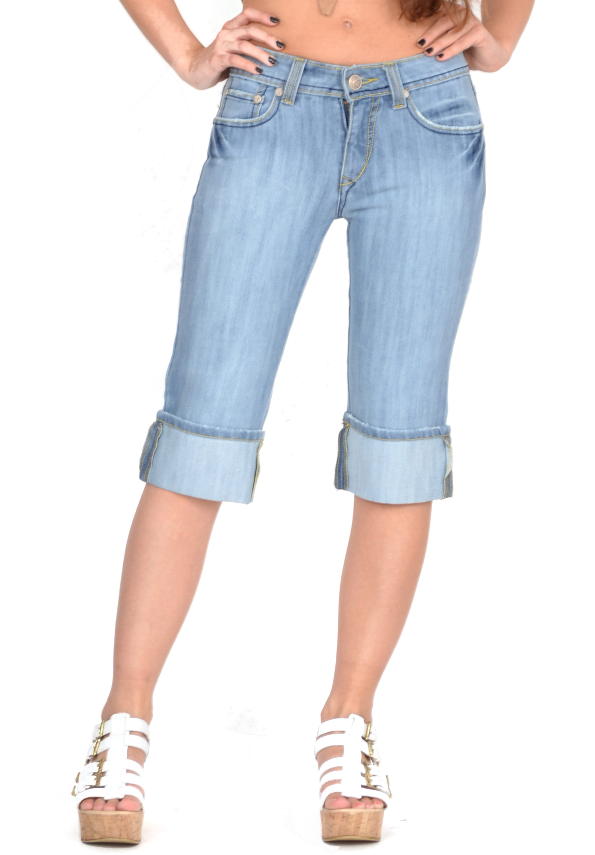 New Womens Light Blue Faded Long Denim Shorts Capri 3/4 Length ...