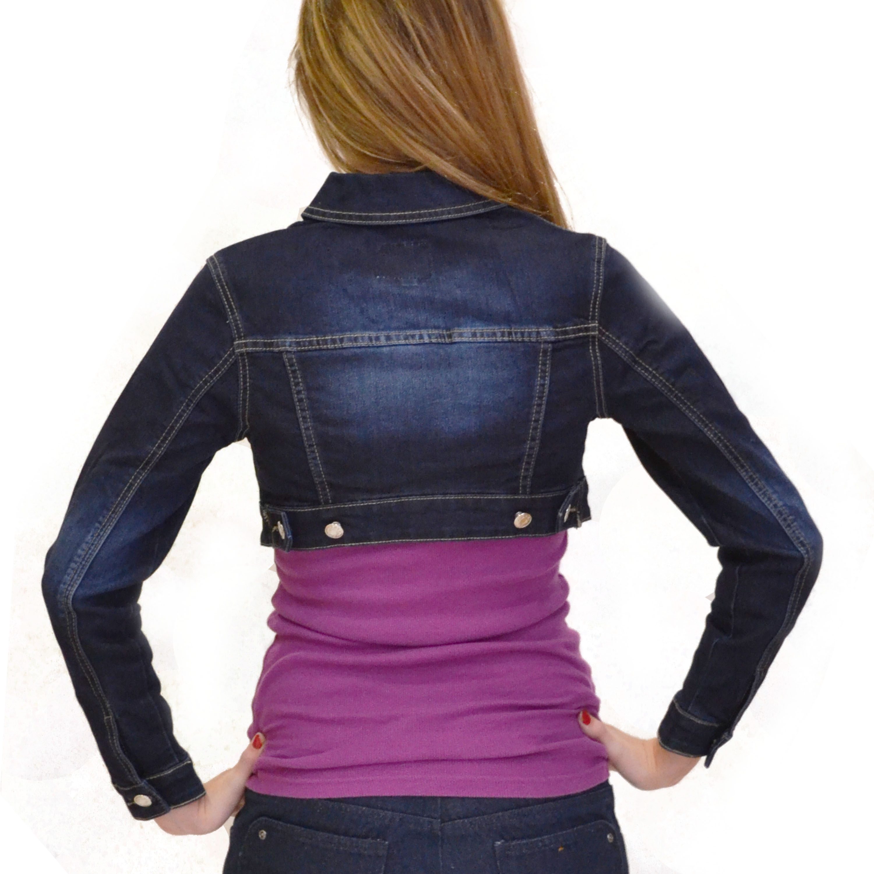 Indigo Dark Wash Faded Cropped Fitted Denim Jacket Short Stretchy Jean