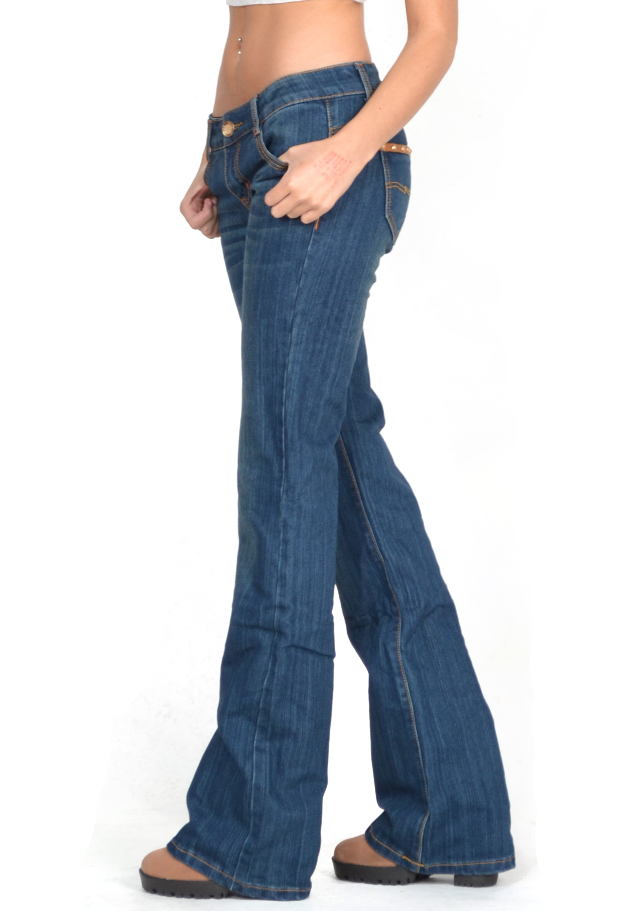New Womens Hipster Low Rise Bootcut Flared Jeans Blue Bellbottom Denim
