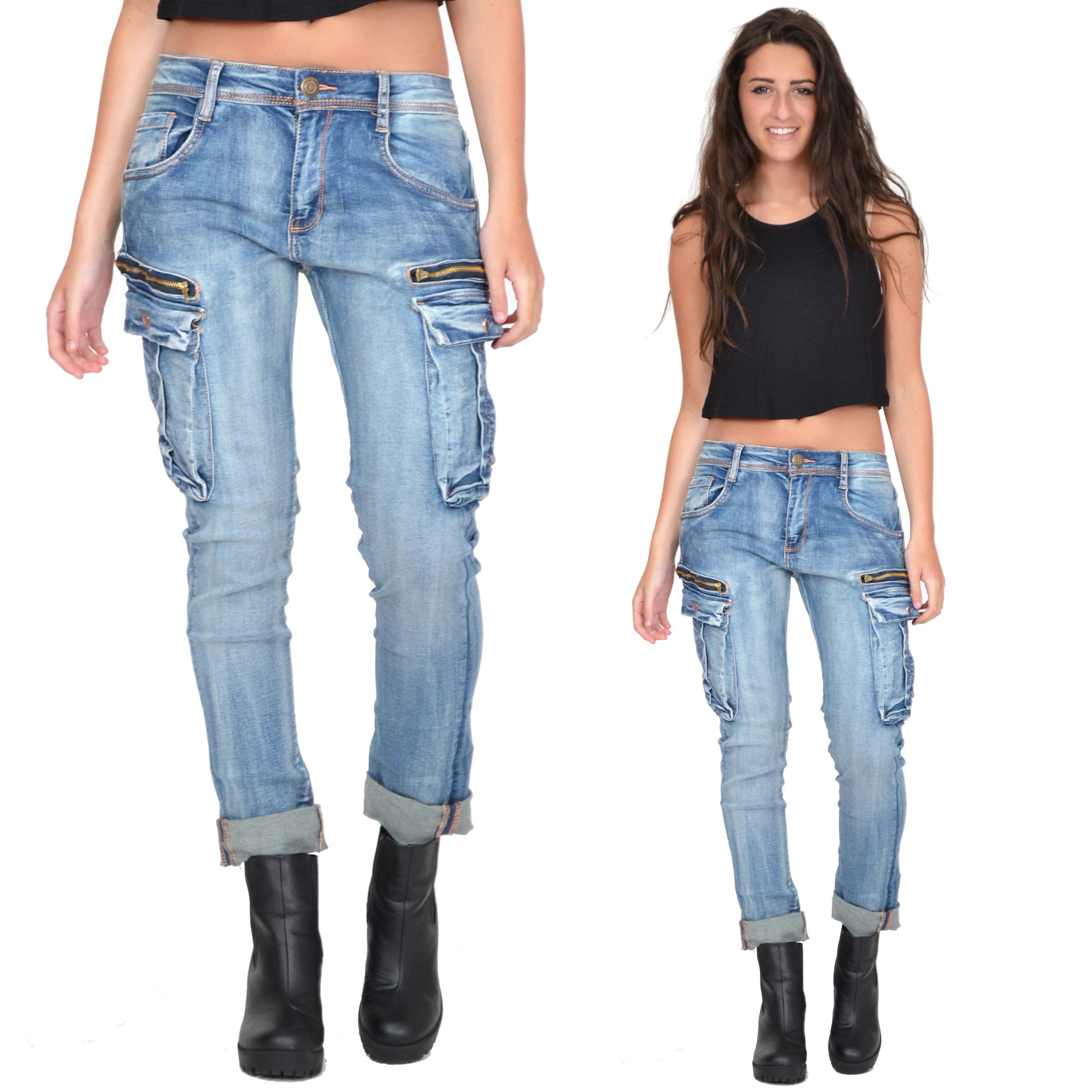 New Ladies Womens Faded Blue Slim Stretch Cargo Jeans Combat Pants