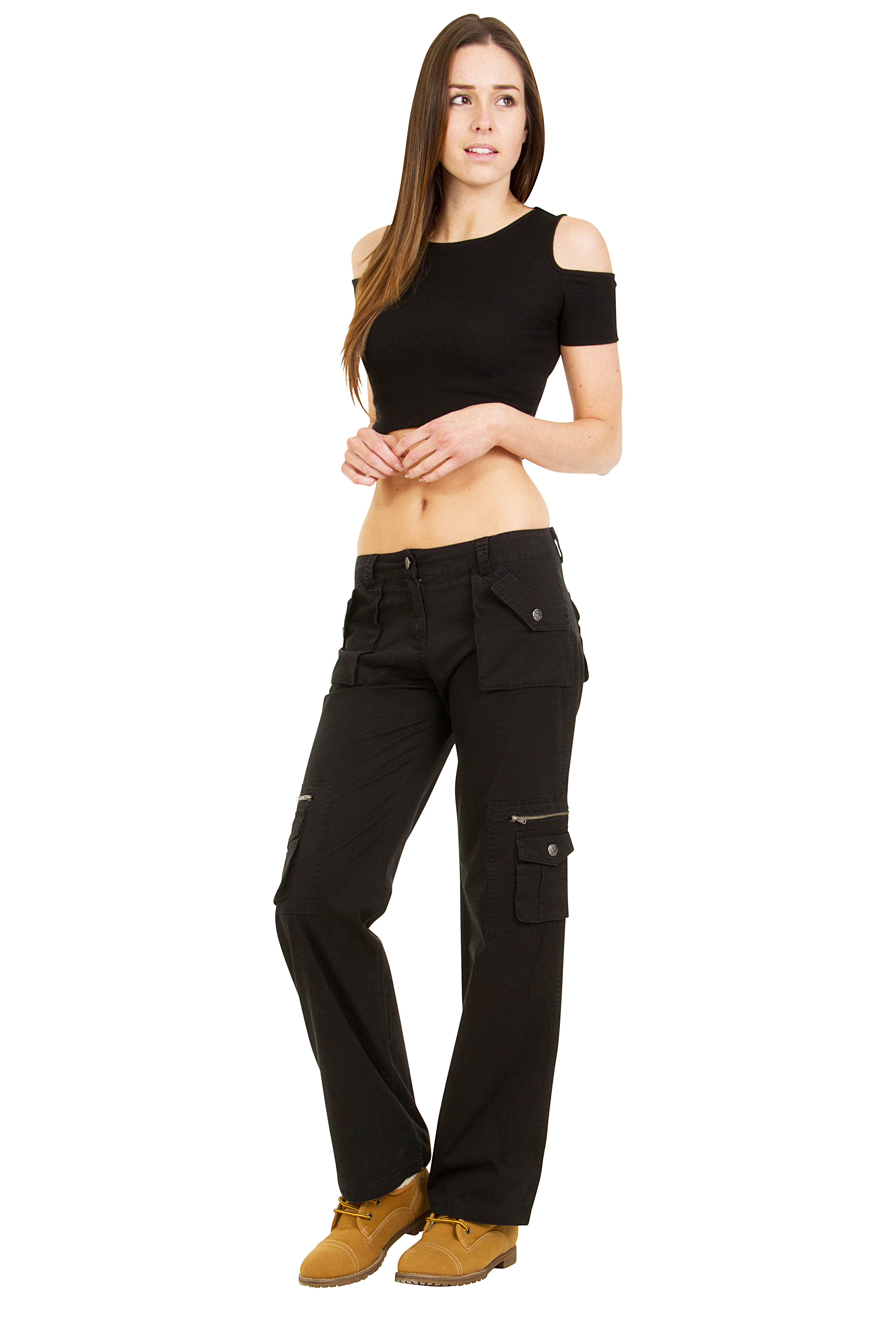 New Womens Black Mid Rise Lightweight Wide Leg Cargo Pants Combat Trousers eBay