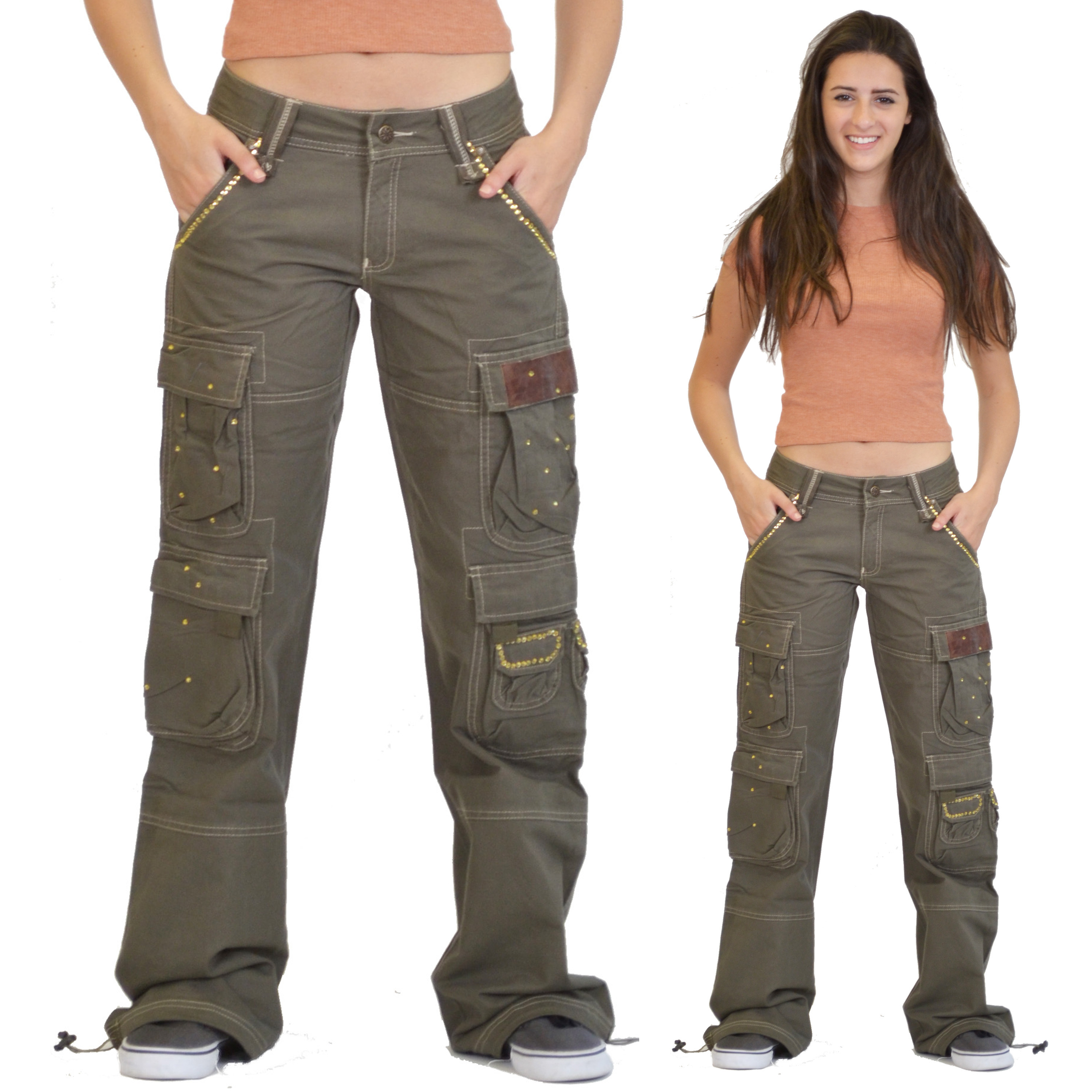 New Womens Ladies Khaki Green Brown Wide Leg Combat Trousers Cargo Jeans Pants | eBay