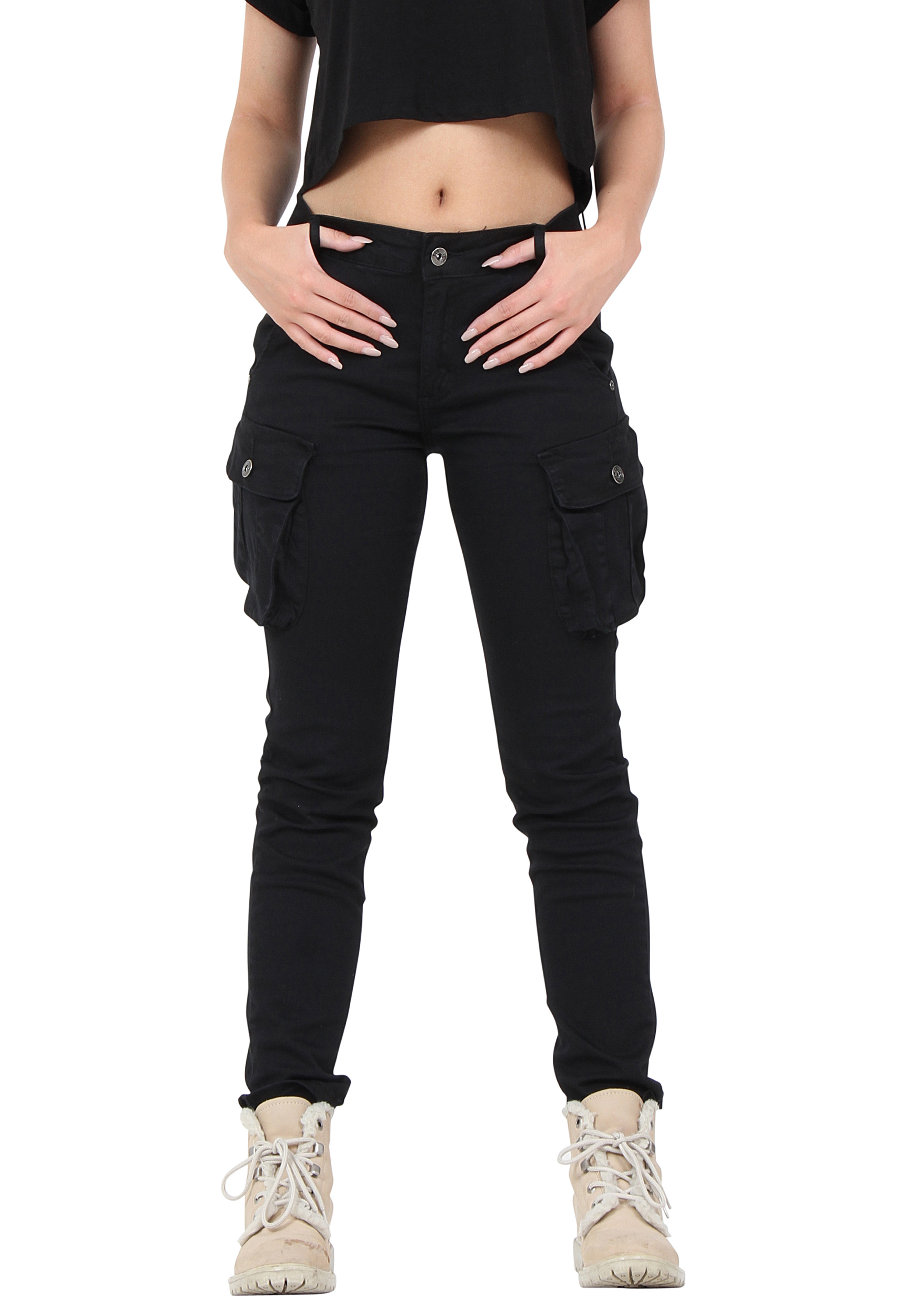 New Womens Black Slim Skinny Stretch Combat Pants Cargo Trousers Jeans