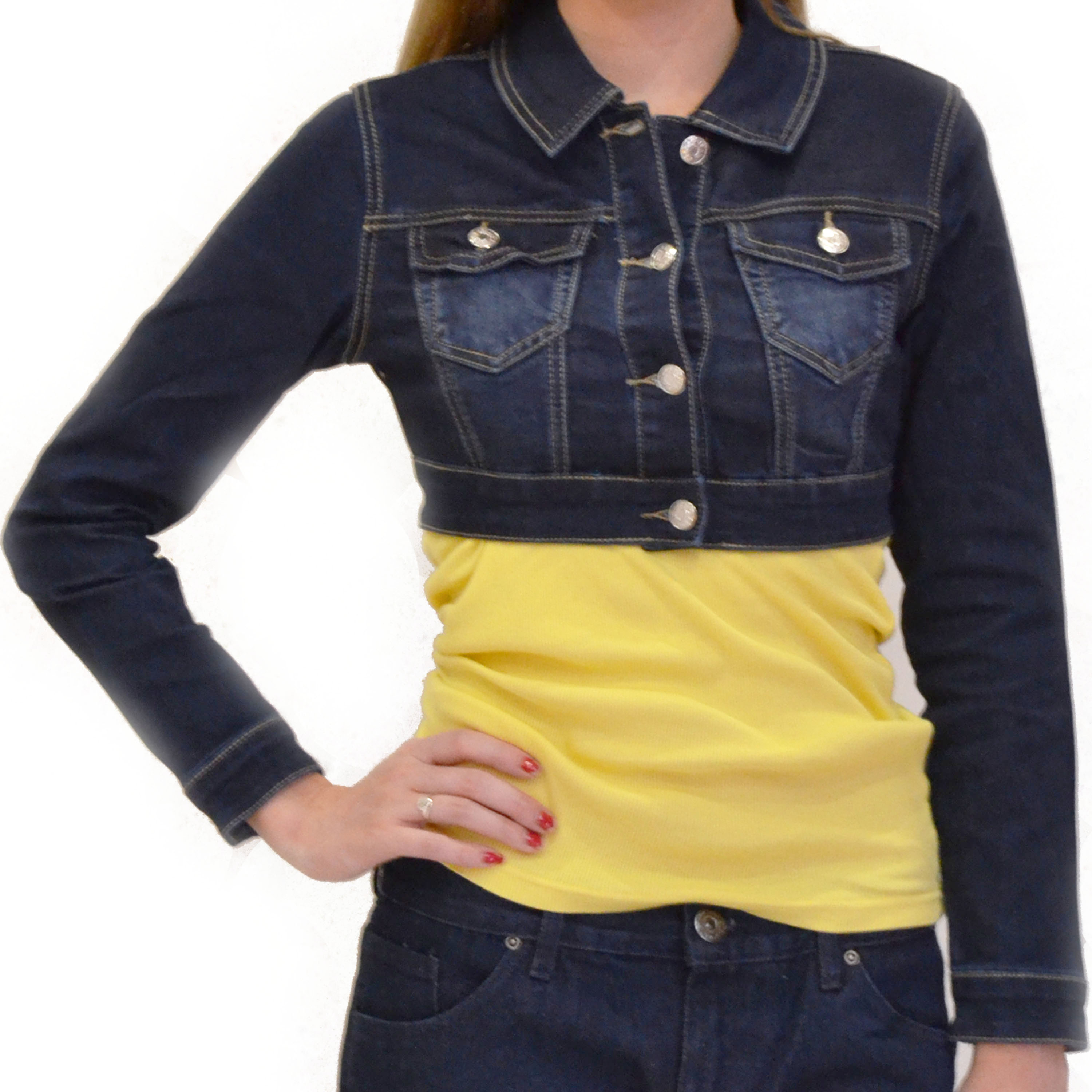 New Dark Blue Faded Cropped Fitted Denim Jacket Short Stretchy Jean