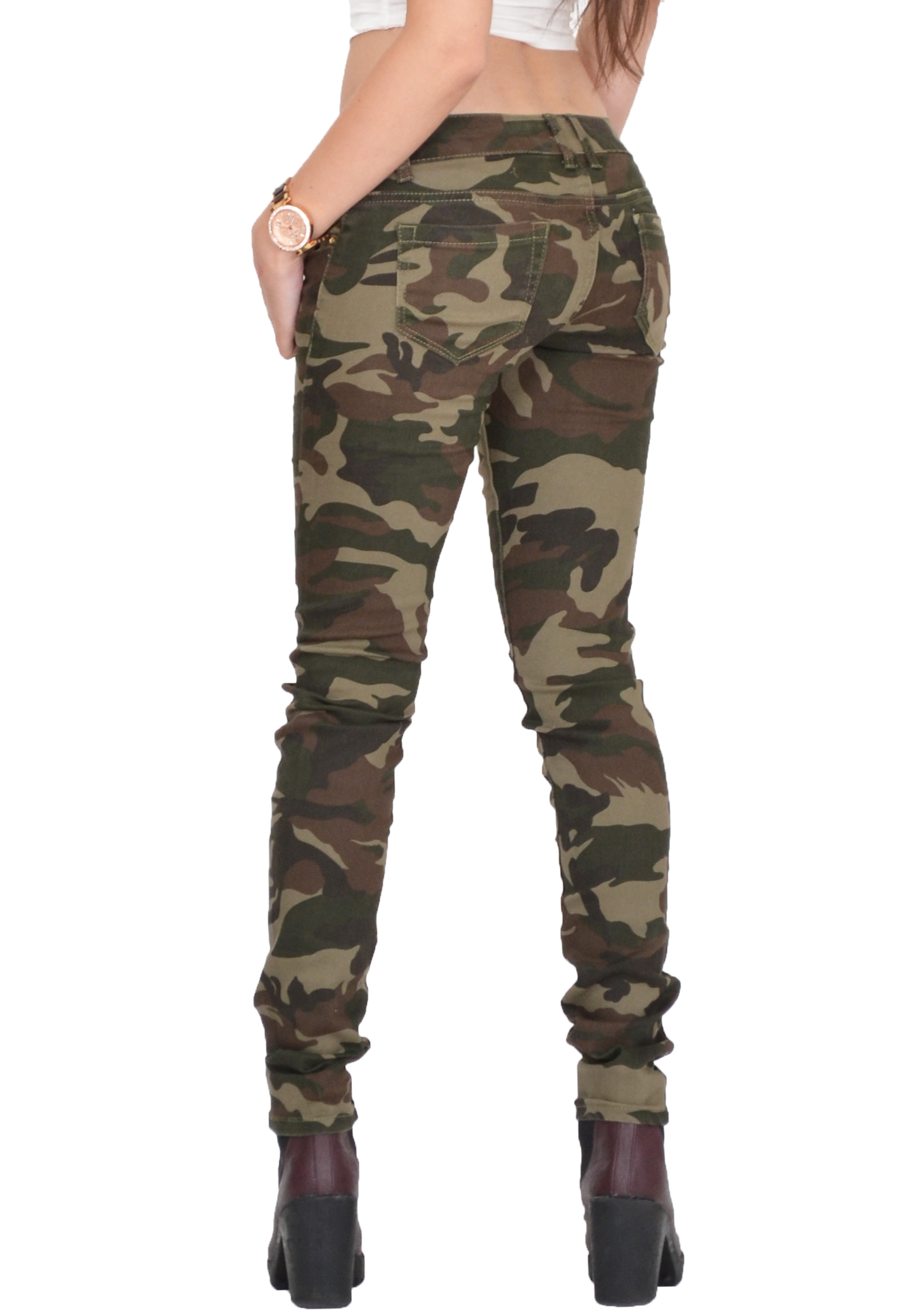 Womens Army Military Green Camouflage Skinny Slim Stretch Jeans Pants
