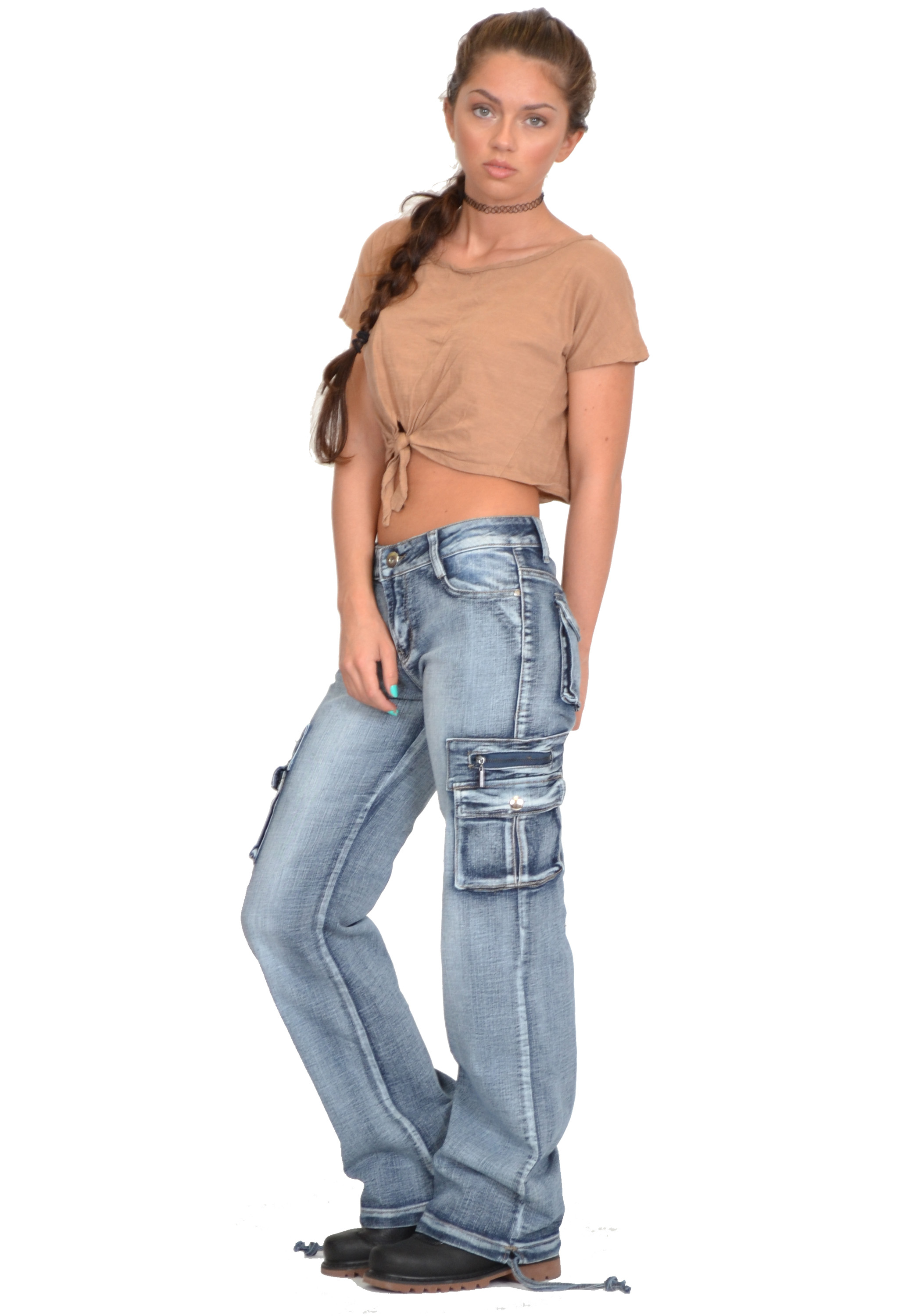 New Womens Ladies Blue Loose Faded Wide Denim Cargo Jeans Combat Pants
