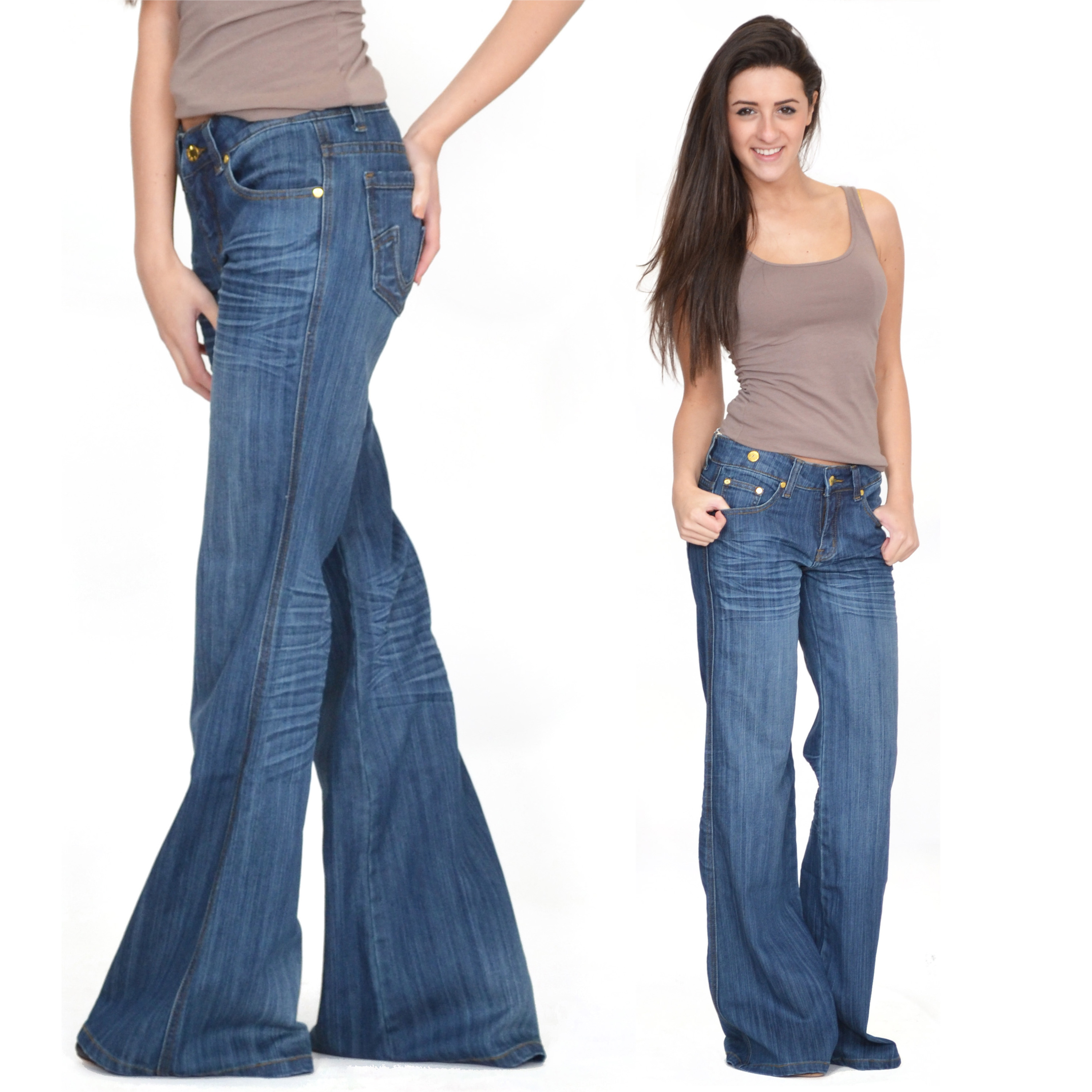 60s 70s Retro Dark Blue Faded Bell Bottoms Hippy Flares Wide Flared 