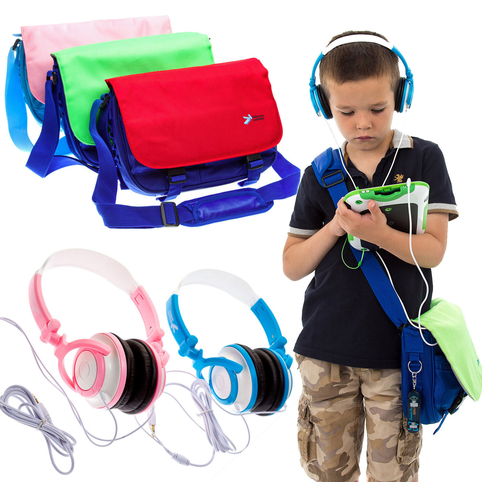 Kids Messenger Satchel School Bag + DJ Headphones for Apple iPad Mini