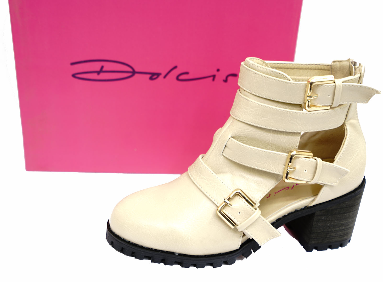 LADIES DOLCIS NUDE CHUNKY PLATFORM CLEATED BUCKLE ANKLE BOOTS SHOES SIZE 3-8