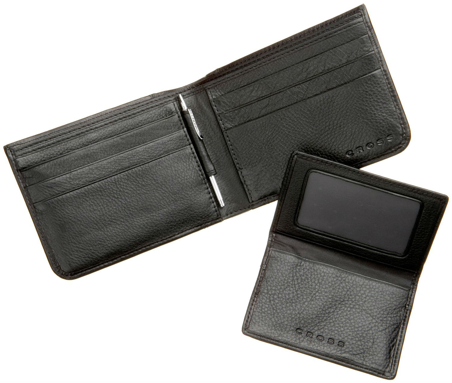 Leather Slim Black Cross Wallet Card Holder & Mini Ballpoint Pen Mens
