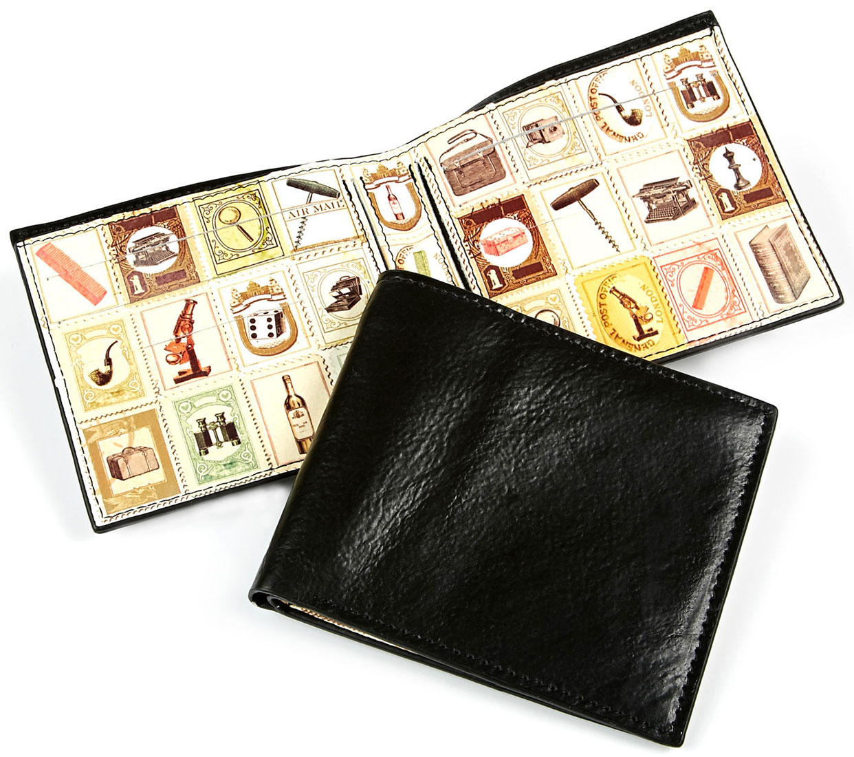 Mens Leather Wallet Vintage Black With Postage Stamp Inlay By Disaster