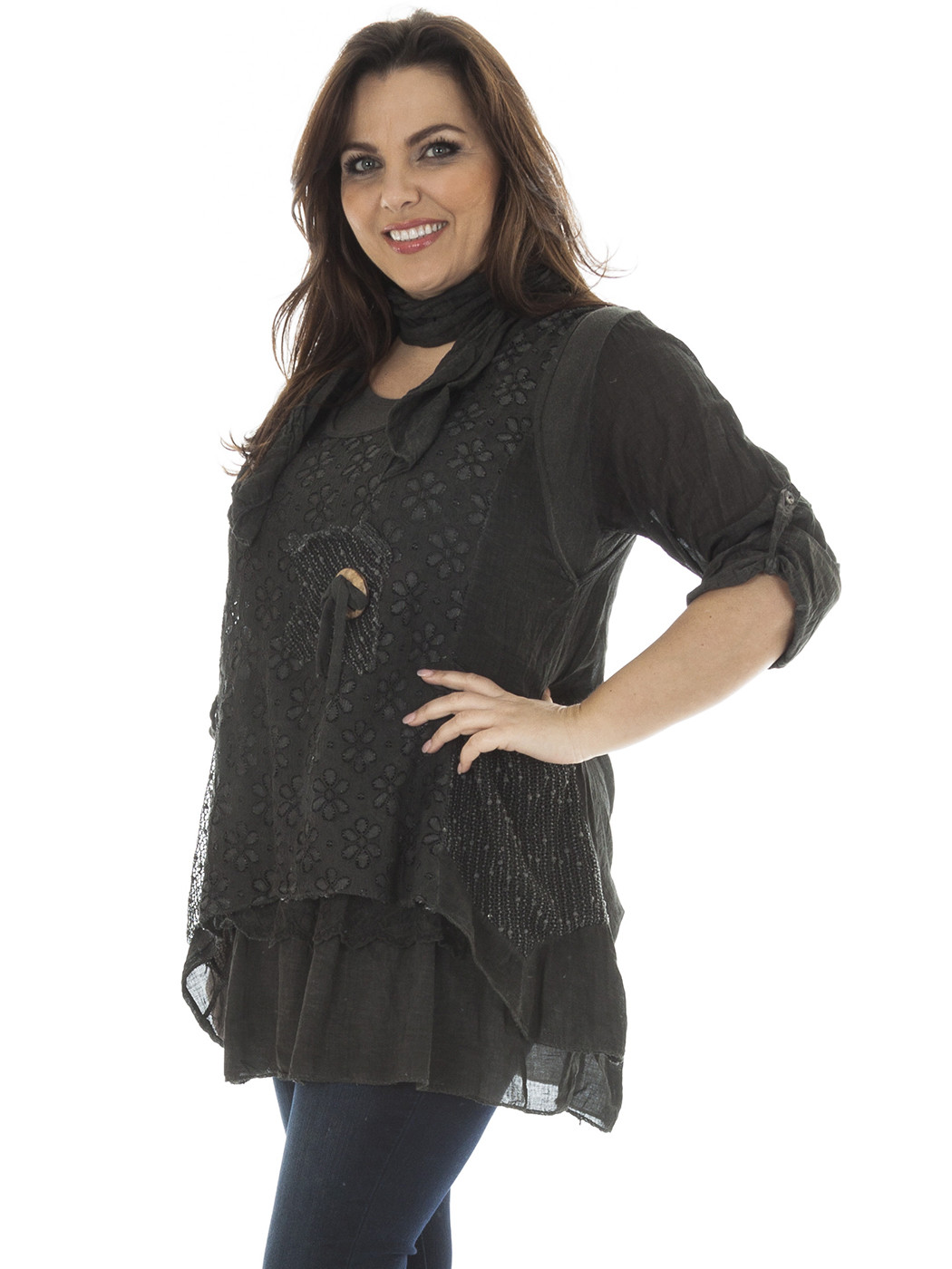 New Ladies Italian Lagenlook Floral Pattern 3Pcs Button Detail Plus Size Top