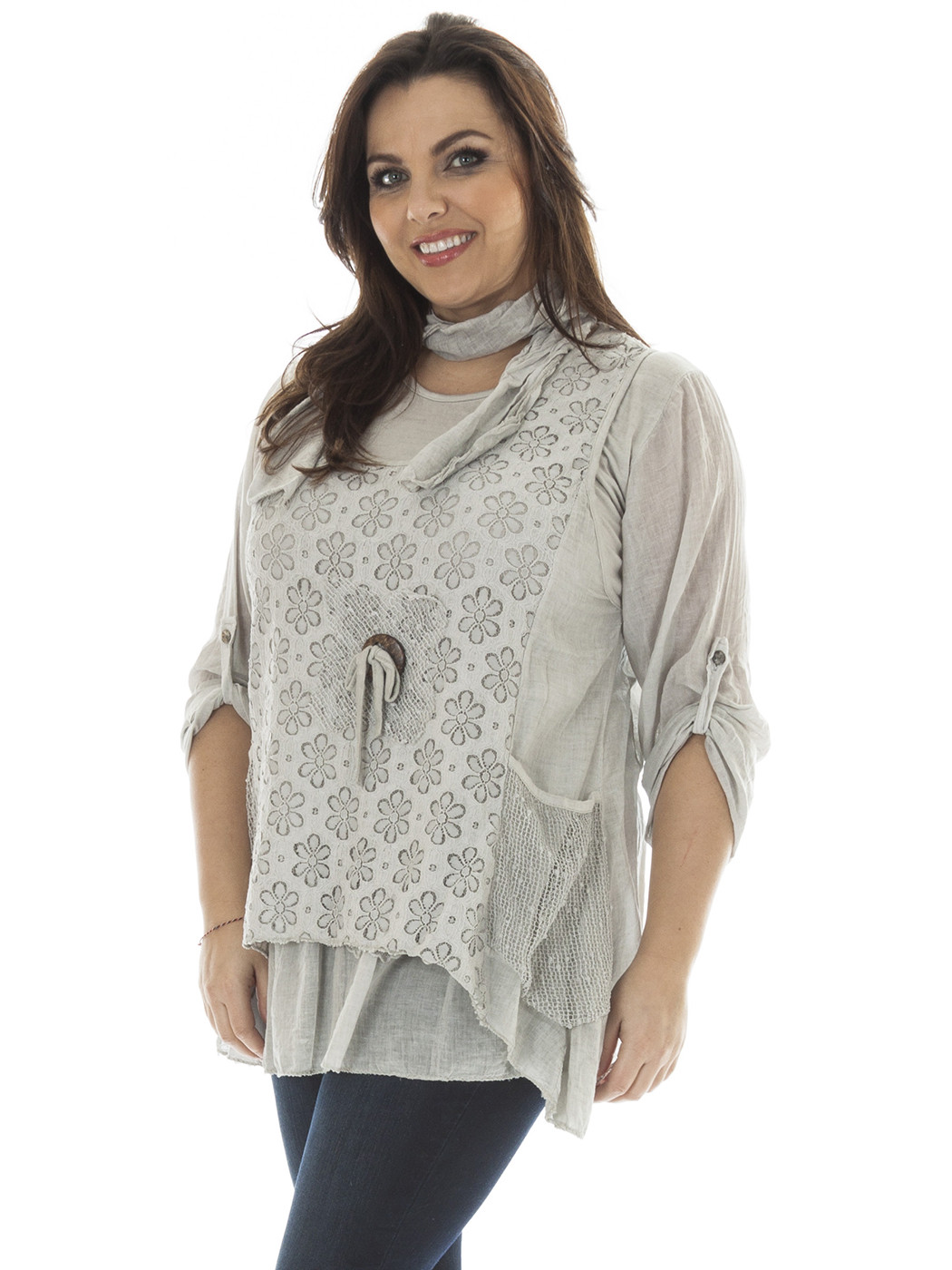 New Ladies Italian Lagenlook Floral Pattern 3Pcs Button Detail Plus Size Top