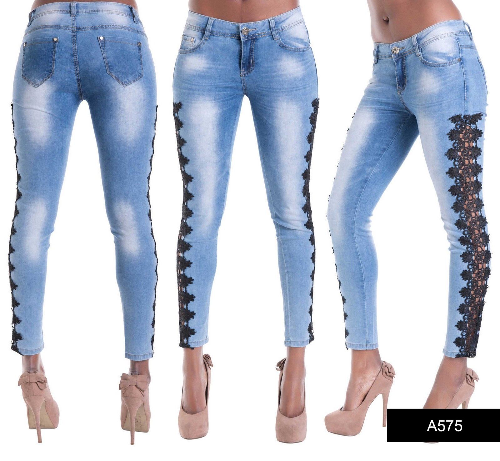 Sexy Womens Ladies White Black Skinny Denim Jeans Lace Cut Out Bow Size