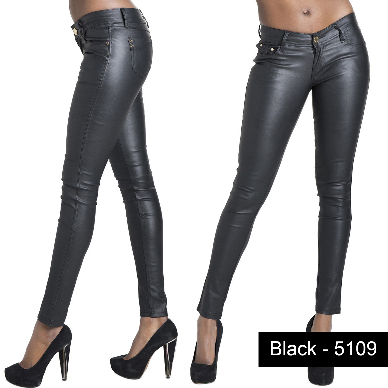 black leather look jeans womens