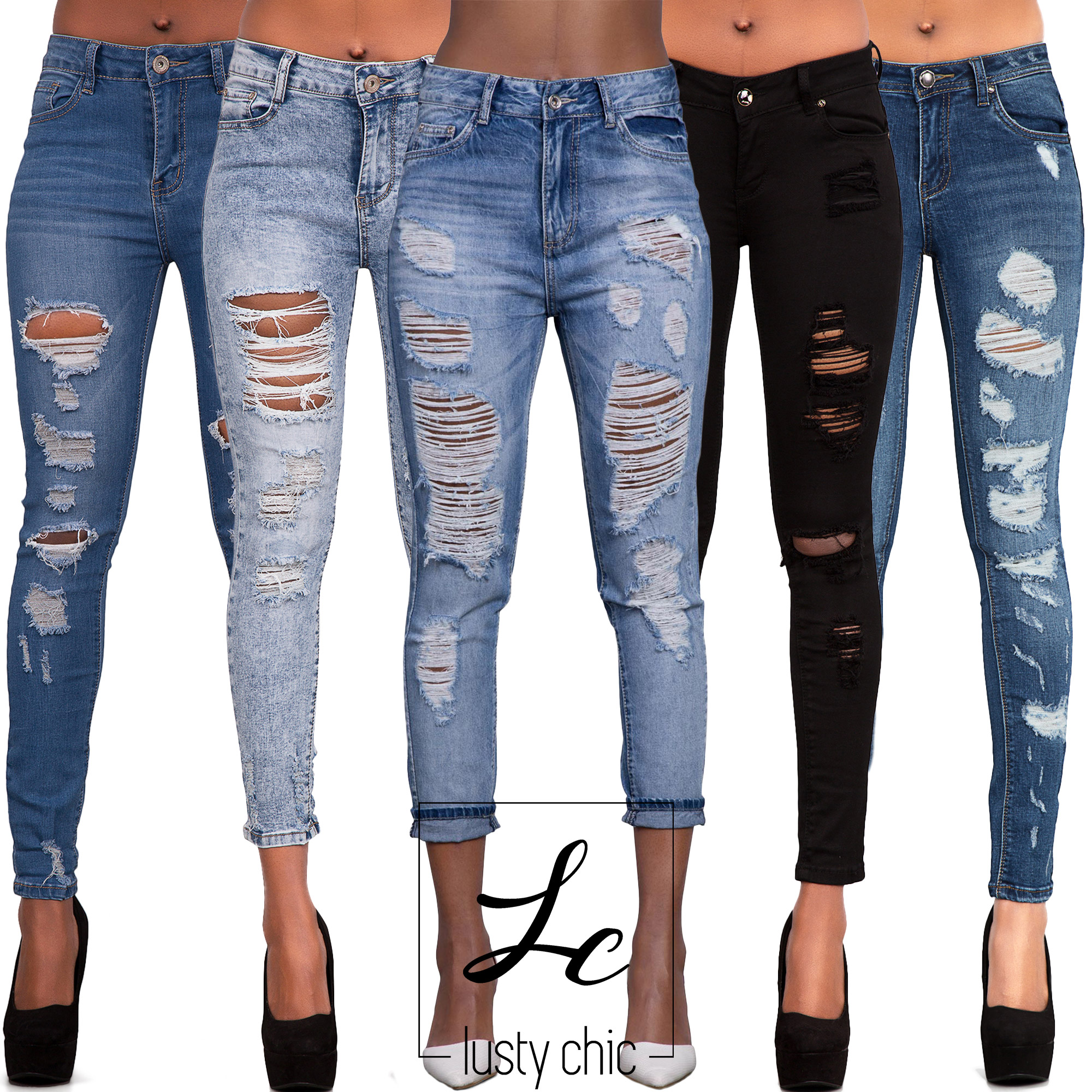NEW Ladies Women Blue Black Ripped Skinny Jeans Slim Fit Stretch Denim