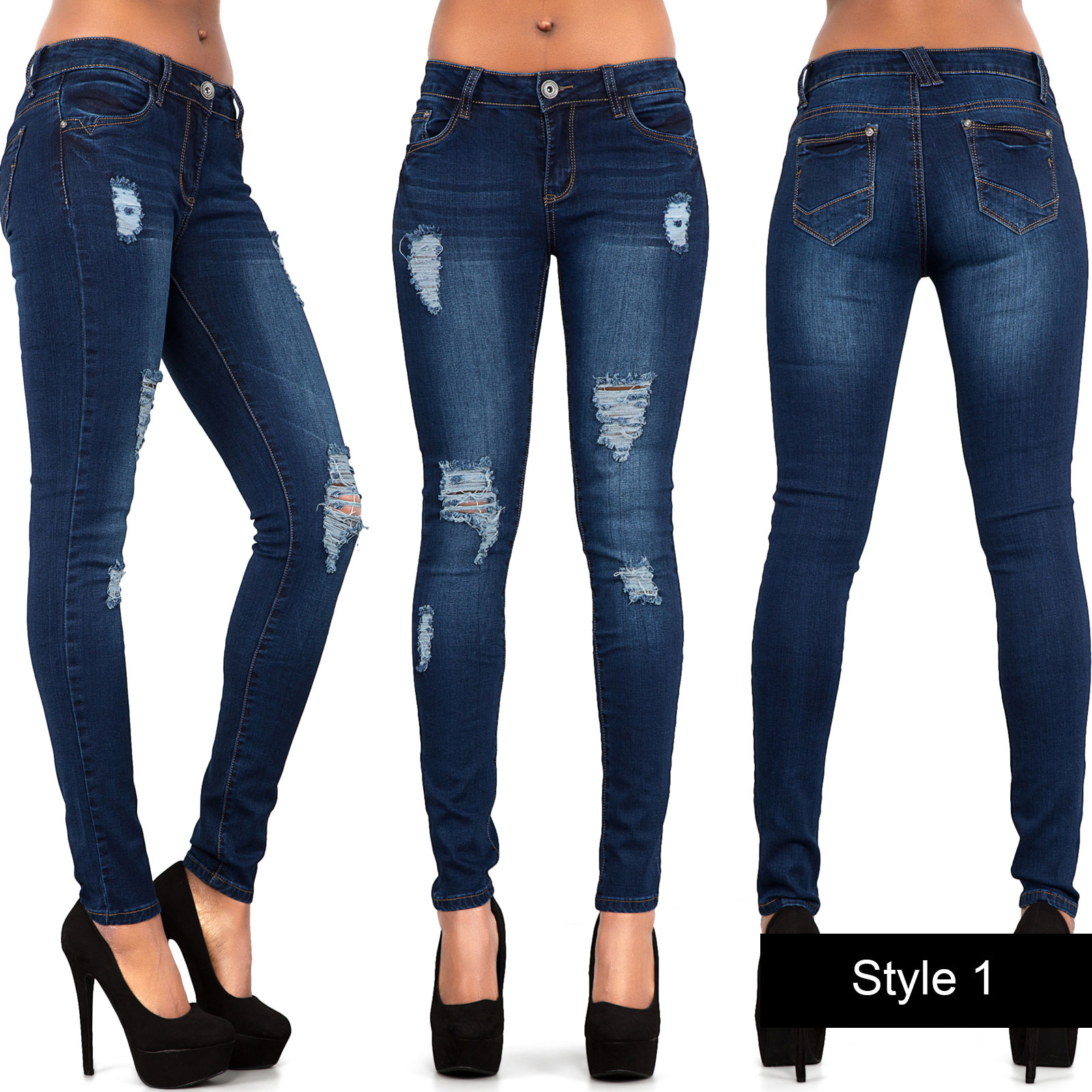 New Ladies Women Blue Black Ripped Skinny Jeans Slim Fit Stretch Denim Size 6 14 Ebay
