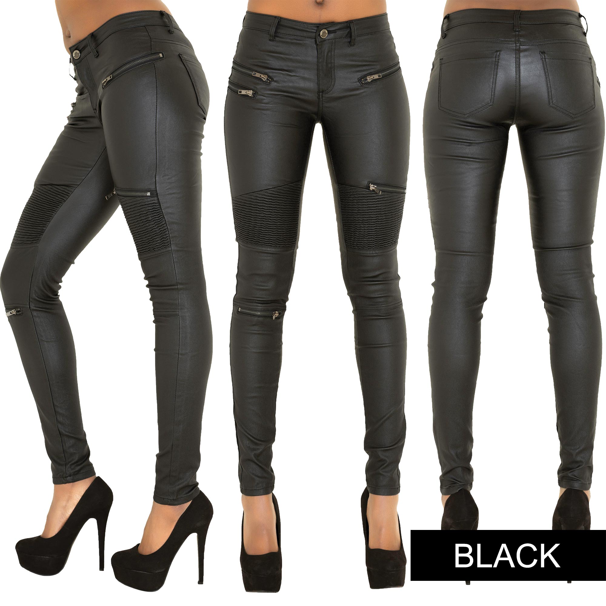 Ladies Sexy Black Leather Look Jeans Womens Skinny Stretch
