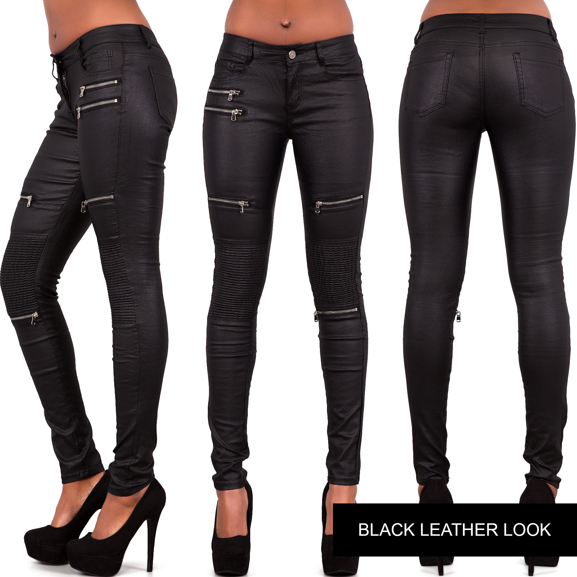 Ladies Sexy Black Leather Look Jeans Womens Skinny Stretch Biker Trousers Size | eBay