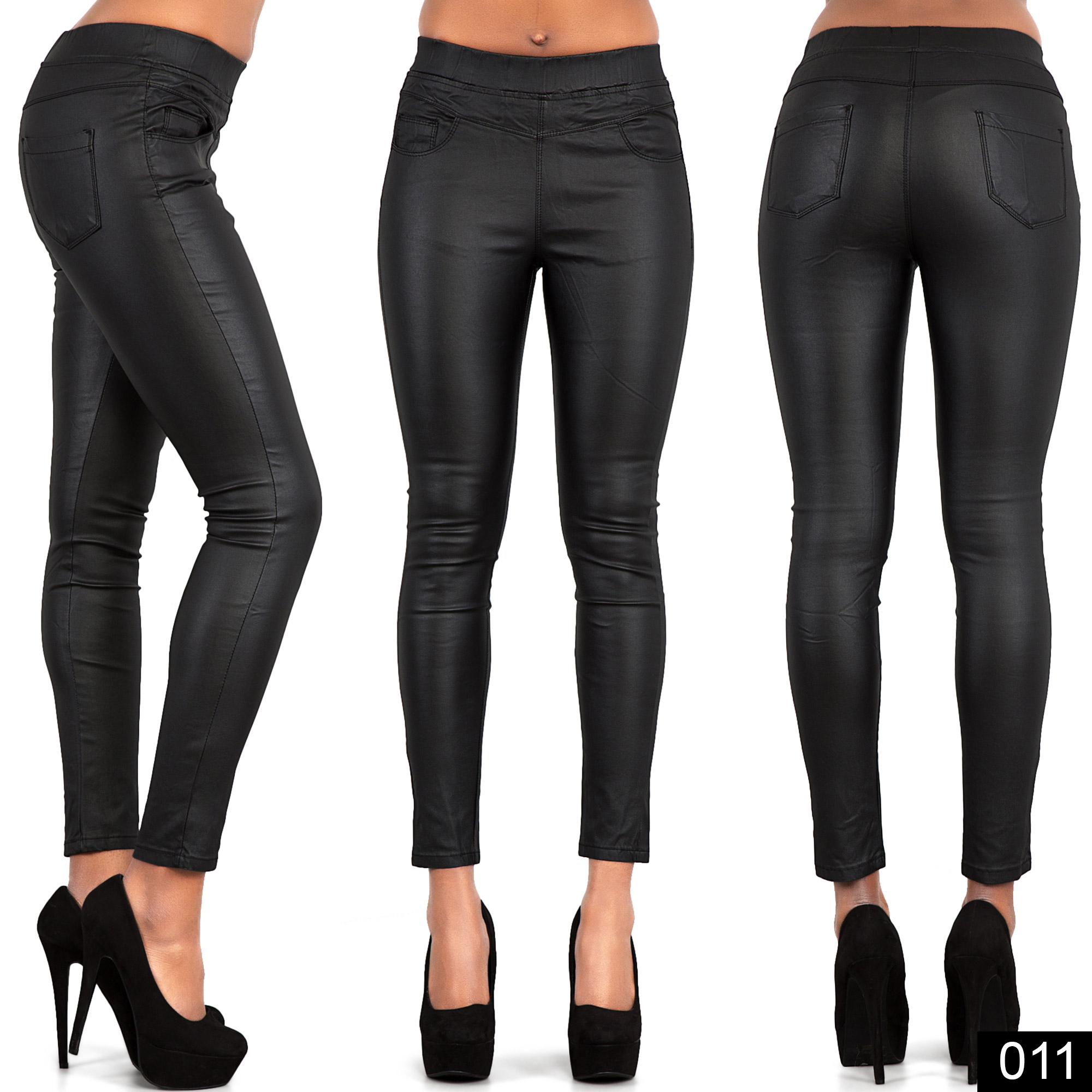Ladies Celeb Style Black Wet Look Leather Biker Jeans Trousers Size 6 8 10 12 14 | eBay