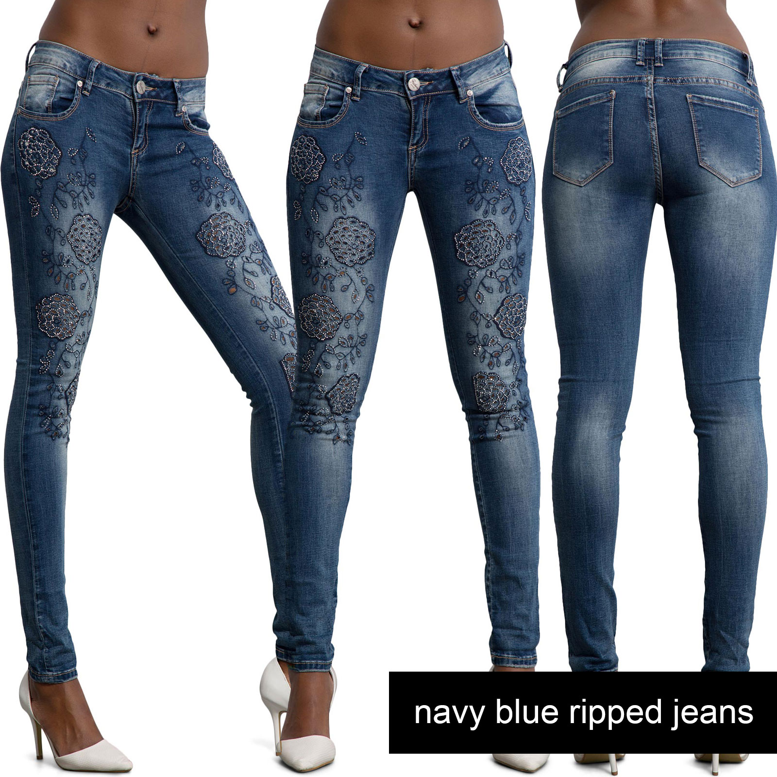 Womens Ripped Knee Skinny Jeans Faded Slim Fit Ladies Denim Size 6 8 10 12 14 16 Ebay