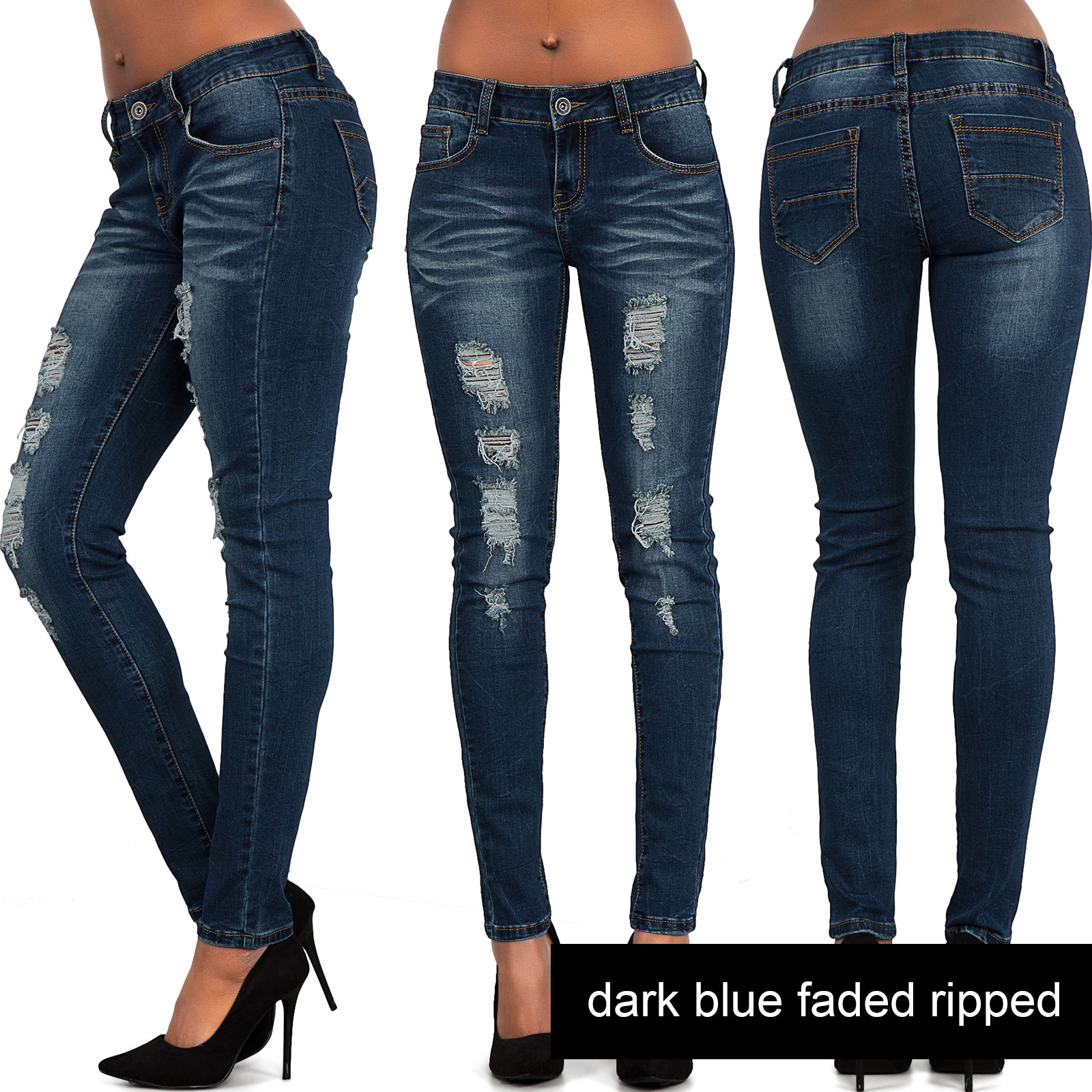 Womens Ripped Knee Skinny Jeans Faded Slim Fit Ladies Denim Size 6 8 10 12 14 16 Ebay