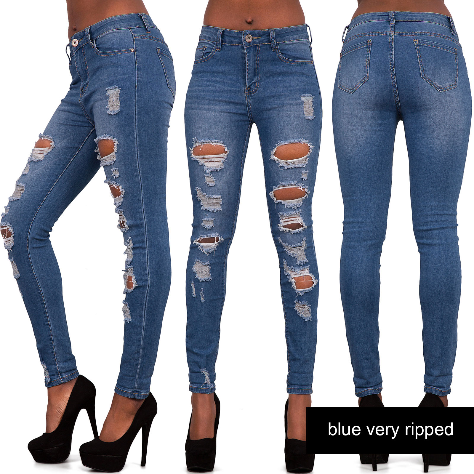 Womens Ripped Knee Skinny Jeans Faded Slim Fit Ladies Denim Size 6 8 10 12 14 16
