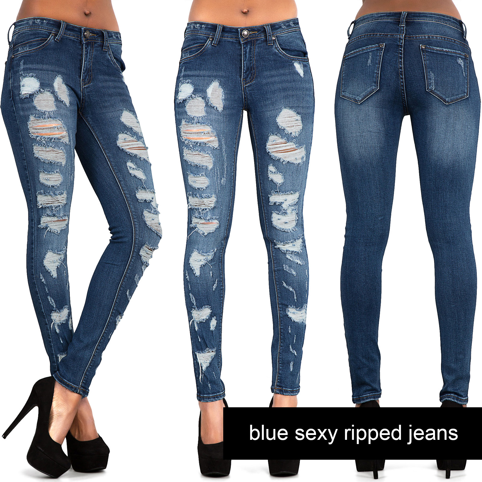 Womens Ripped Knee Skinny Jeans Faded Slim Fit Ladies Denim Size 6 8 10 12 14 16 Ebay