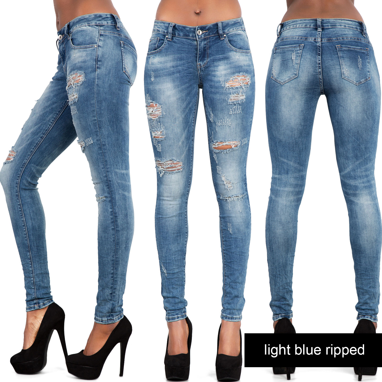 Womens Ripped Knee Skinny Jeans Faded Slim Fit Ladies Denim Size 6 8 10 12 14 16