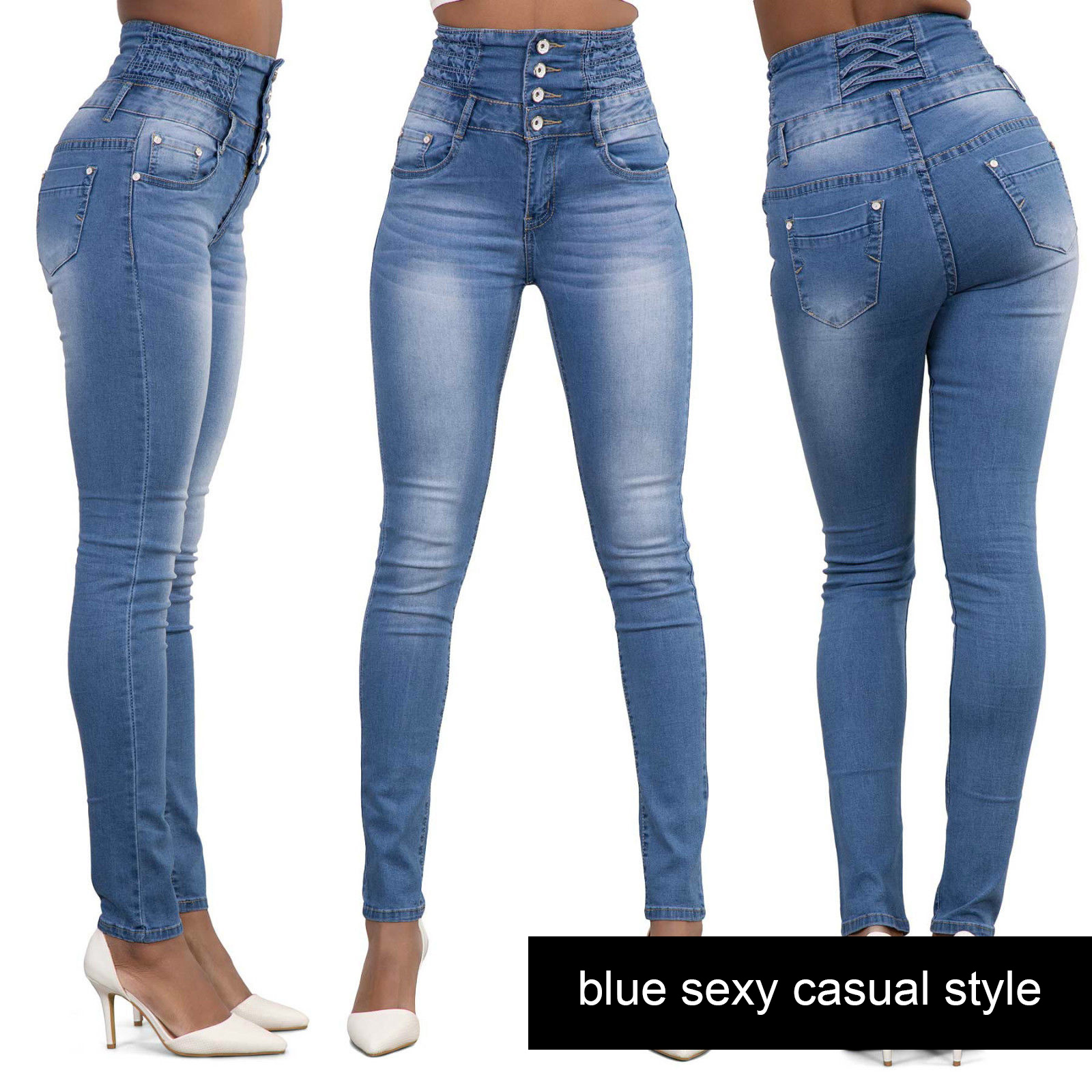 Womens Ladies High Waisted Blue Skinny Fit Jeans Stretch Denim Jegging