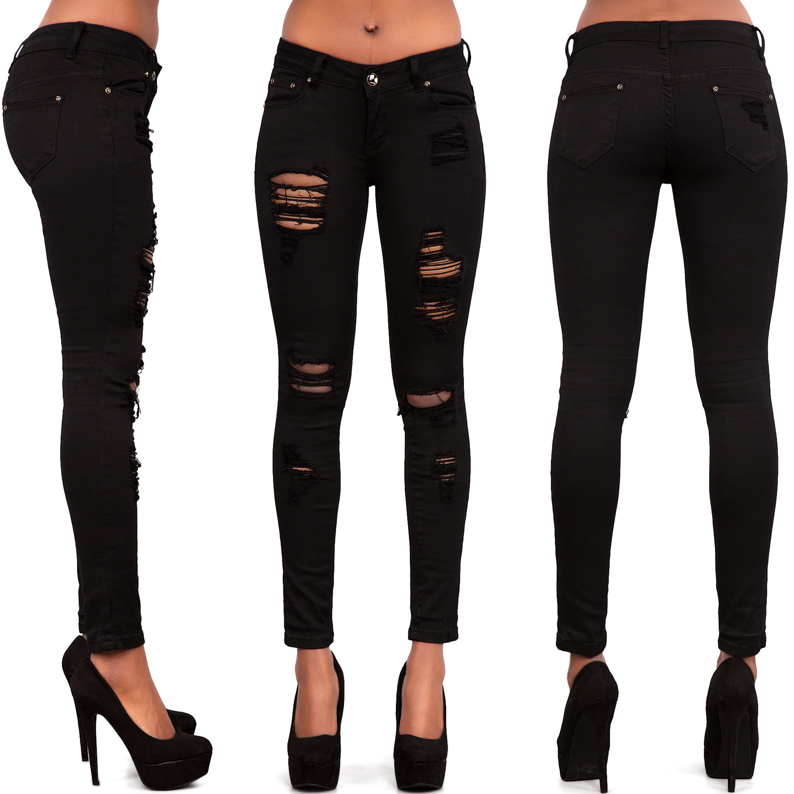 Womens Ripped Knee Cut Skinny Jeans Ladies Sexy Slim Fit Denim Size 6 8 10 12 14 Ebay