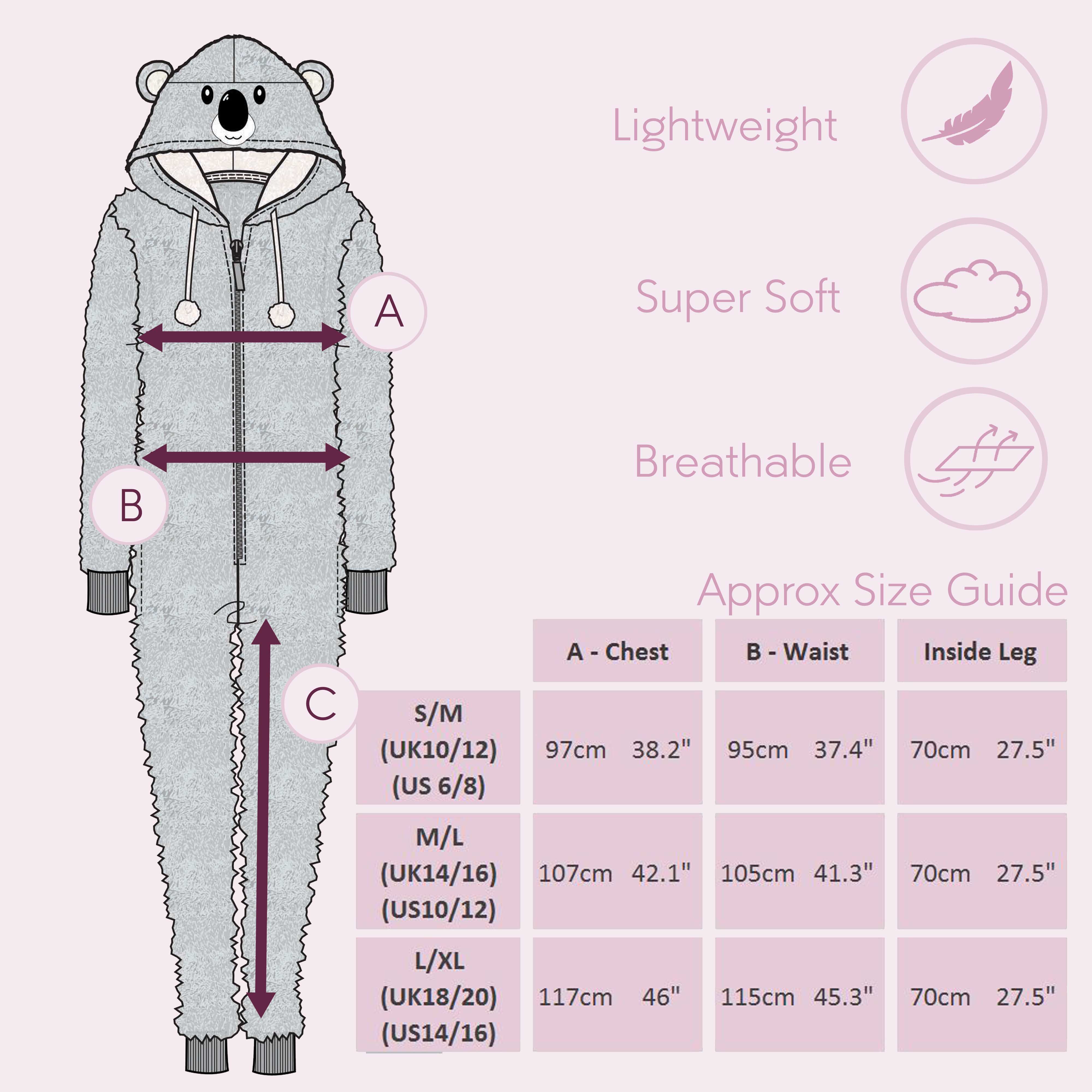 Womens Ladies Cute Fluffy Bear Koala Pyjama Jumpsuit All In One One Piece Zip Up 