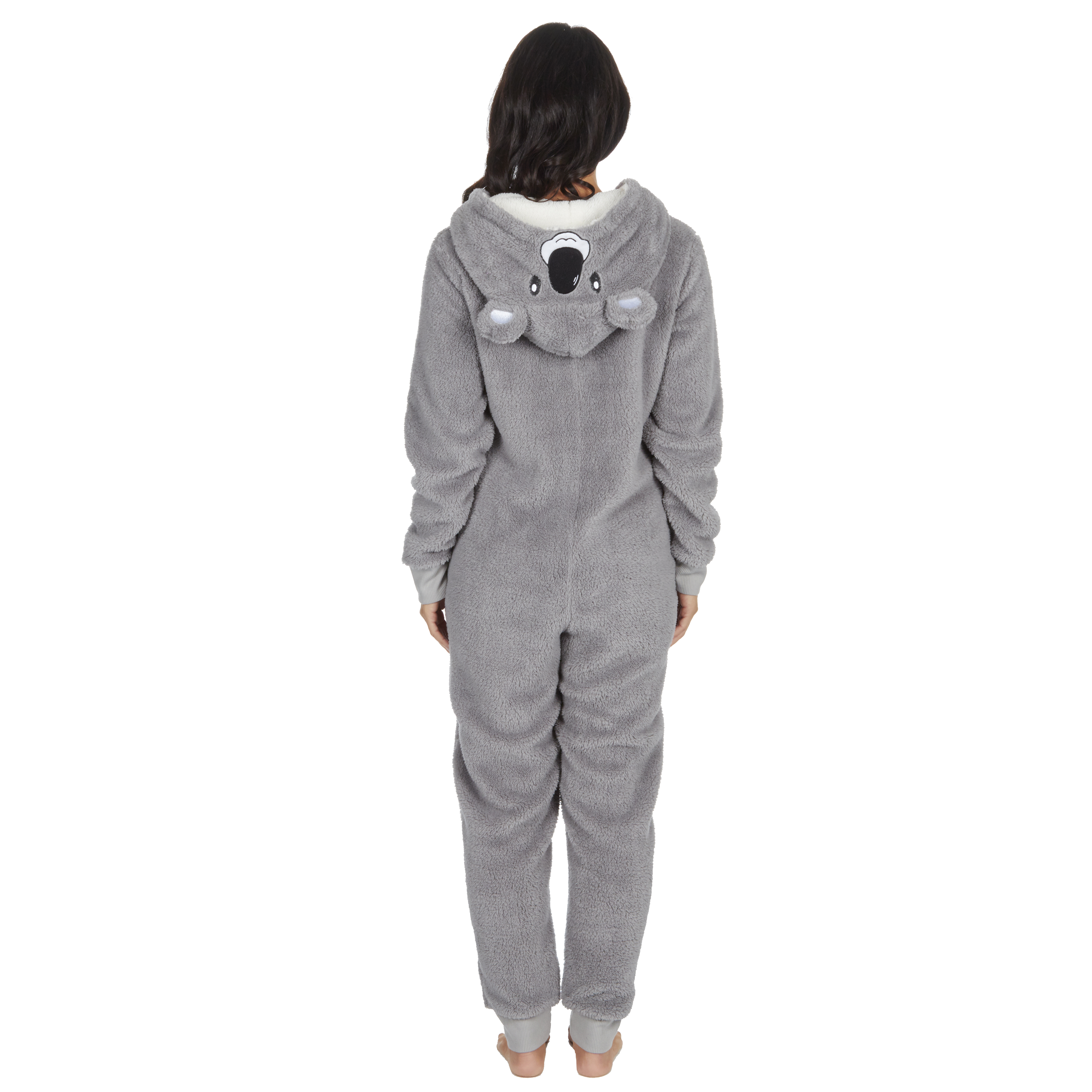 Womens Ladies Cute Fluffy Bear Koala Pyjama Jumpsuit All In One One Piece Zip Up 
