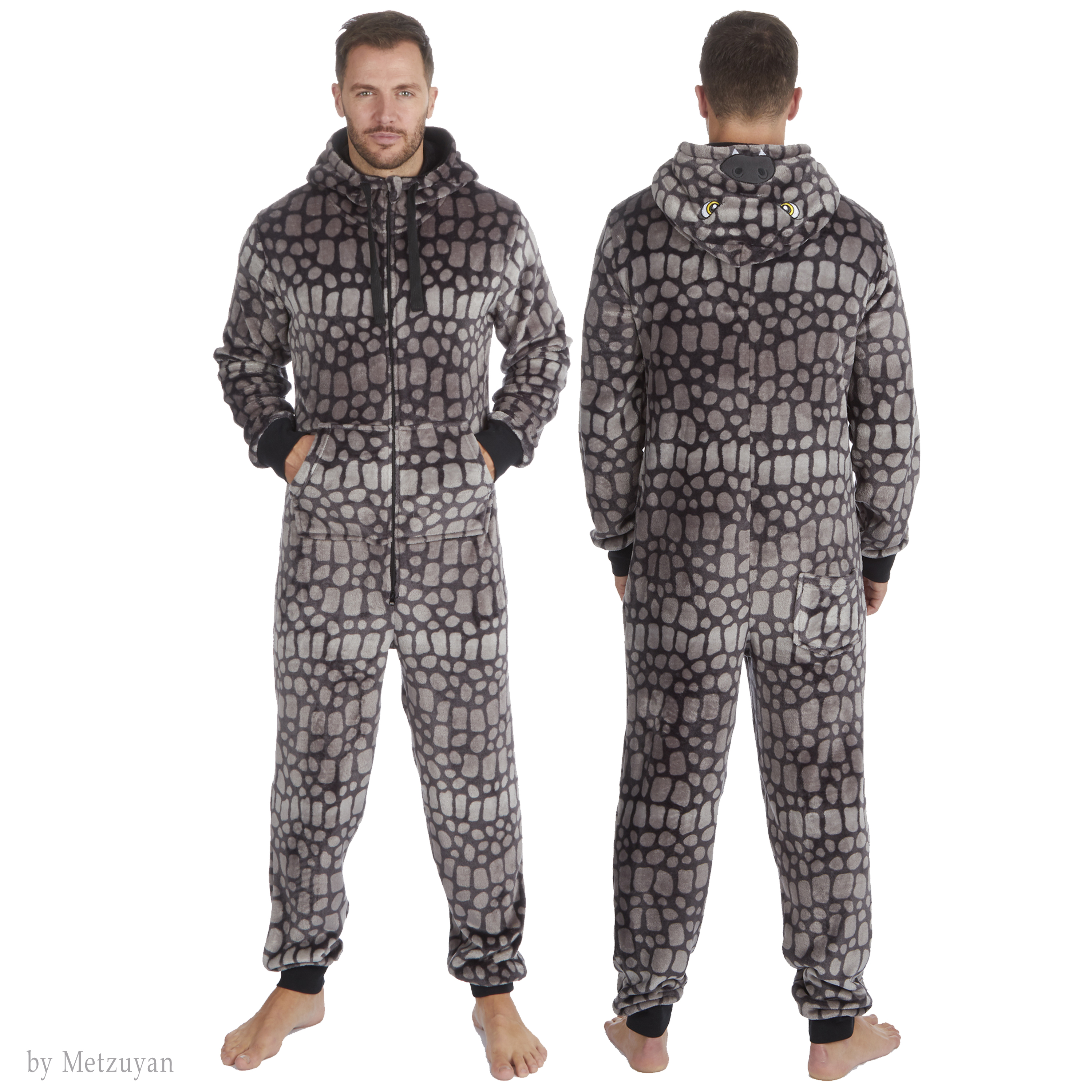 Mens 1Onesie Animal Hooded Novelty Boys All in One PJs Grey Soft Fleece Adult UK