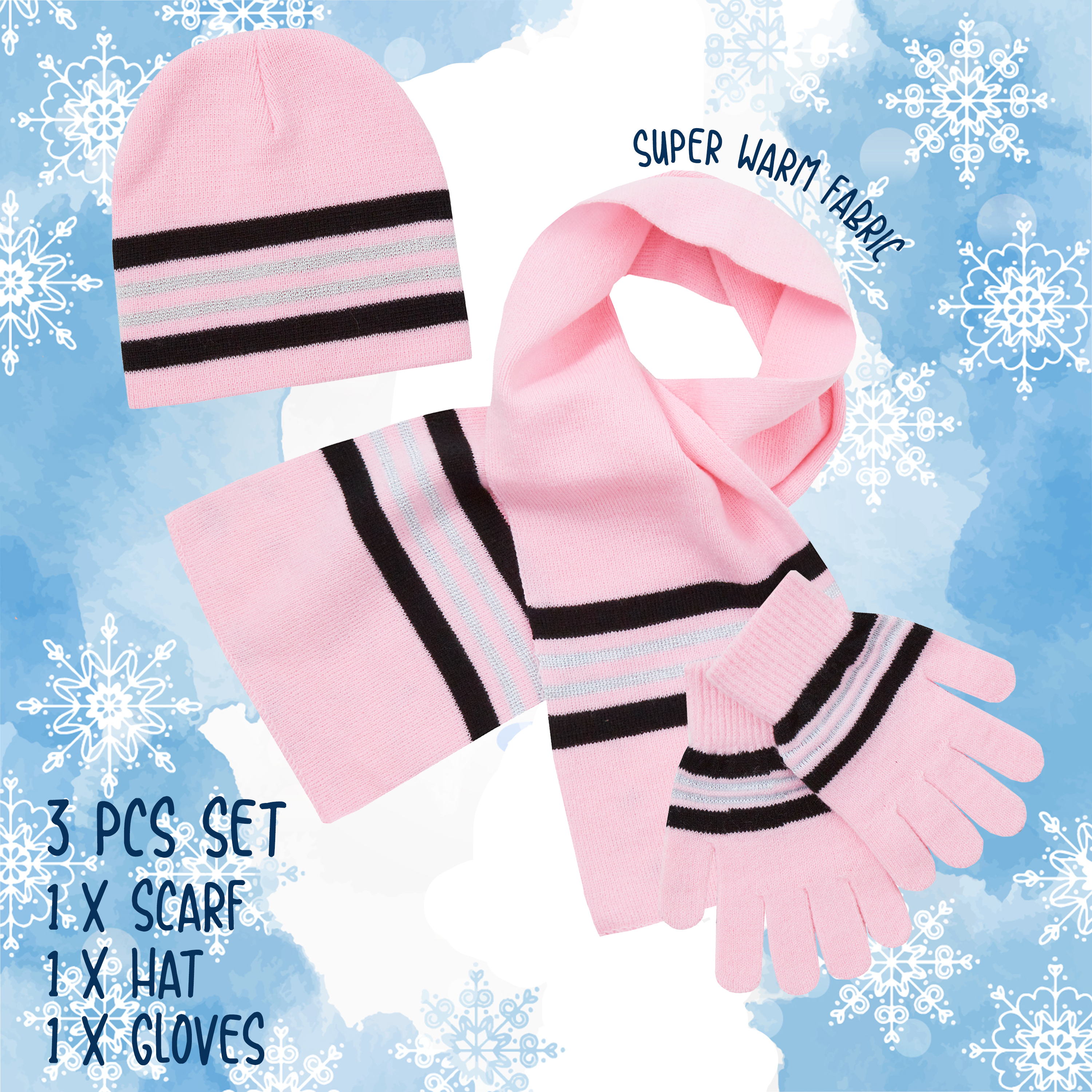 Girls Hat Gloves Scarf Set Warm Winter Back To School Knitted Pink Striped 2-6 Y