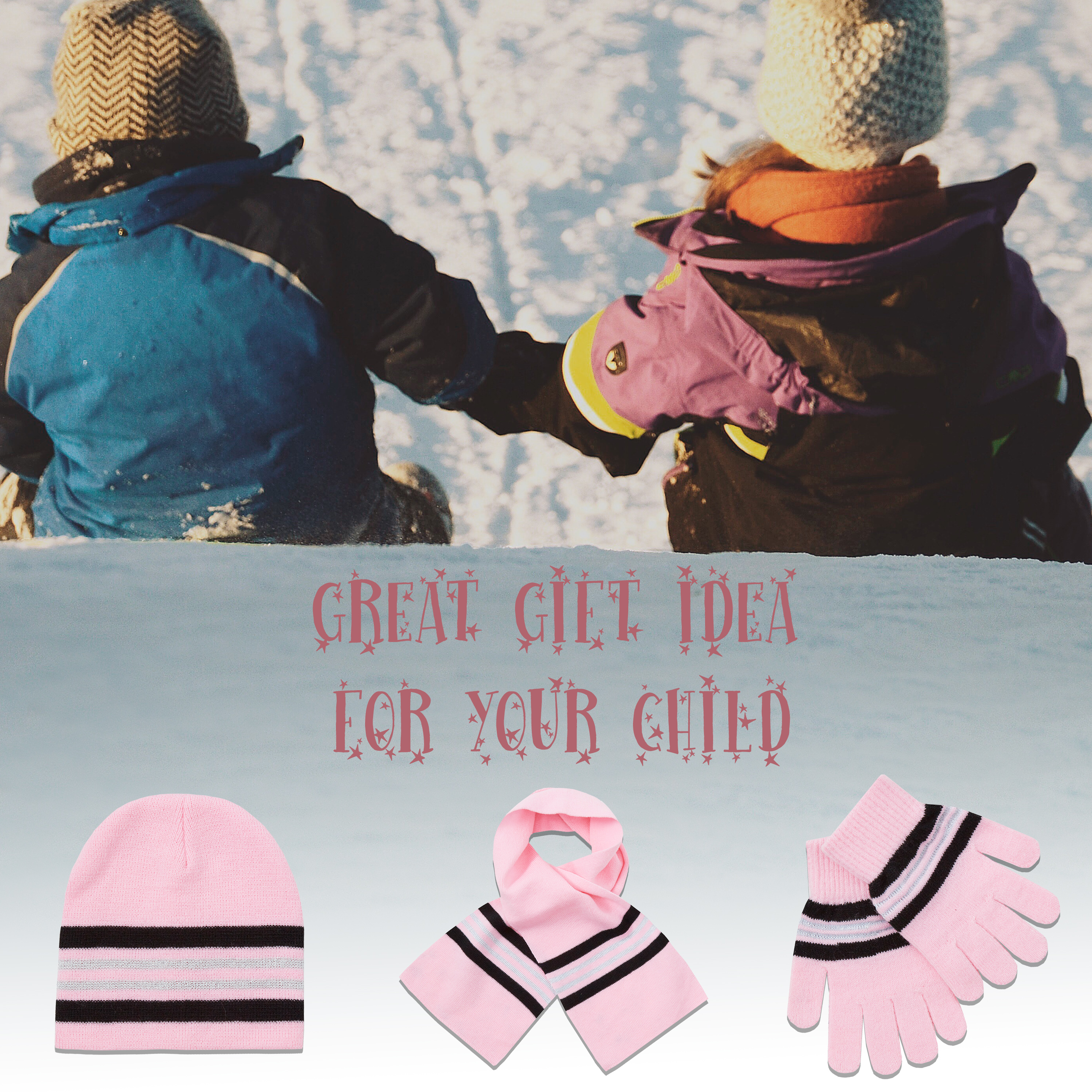 Girls Hat Gloves Scarf Set Warm Winter Back To School Knitted Pink Striped 2-6 Y