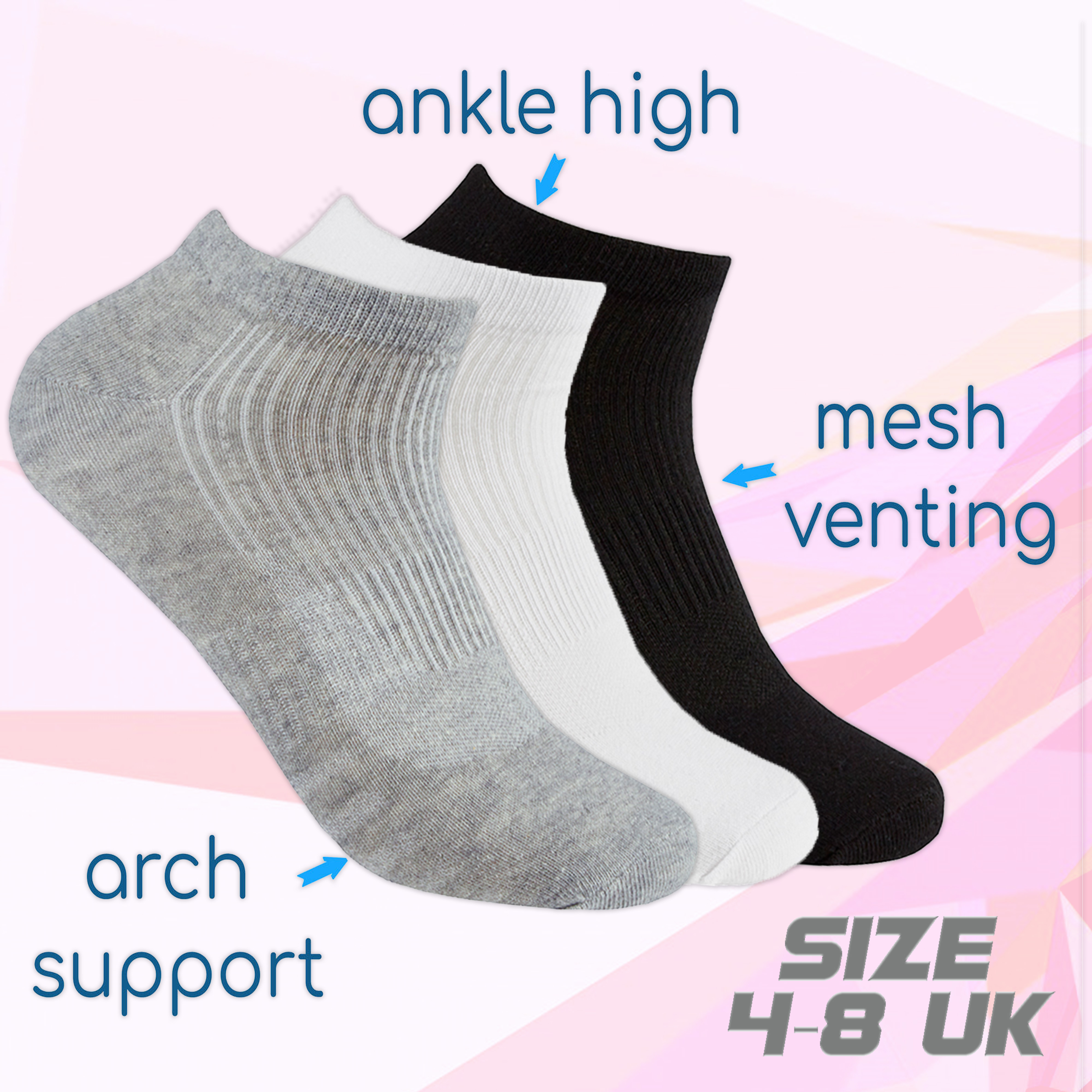 10 Paires Femme Mesh Insert Active Training Chaussettes Multi Pack Taille 4-8 UK