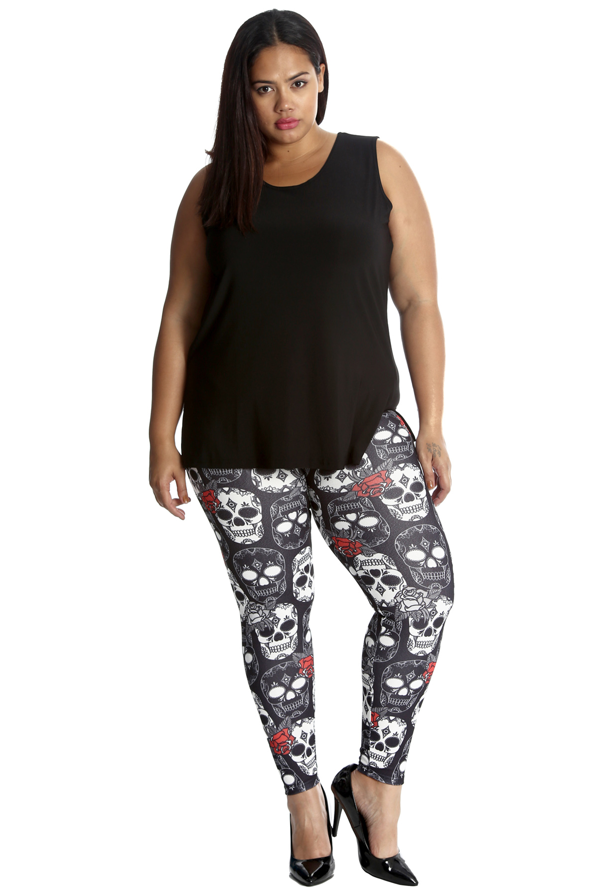 New Ladies Plus Size Leggings Womens Skull Spooky Halloween Print Long