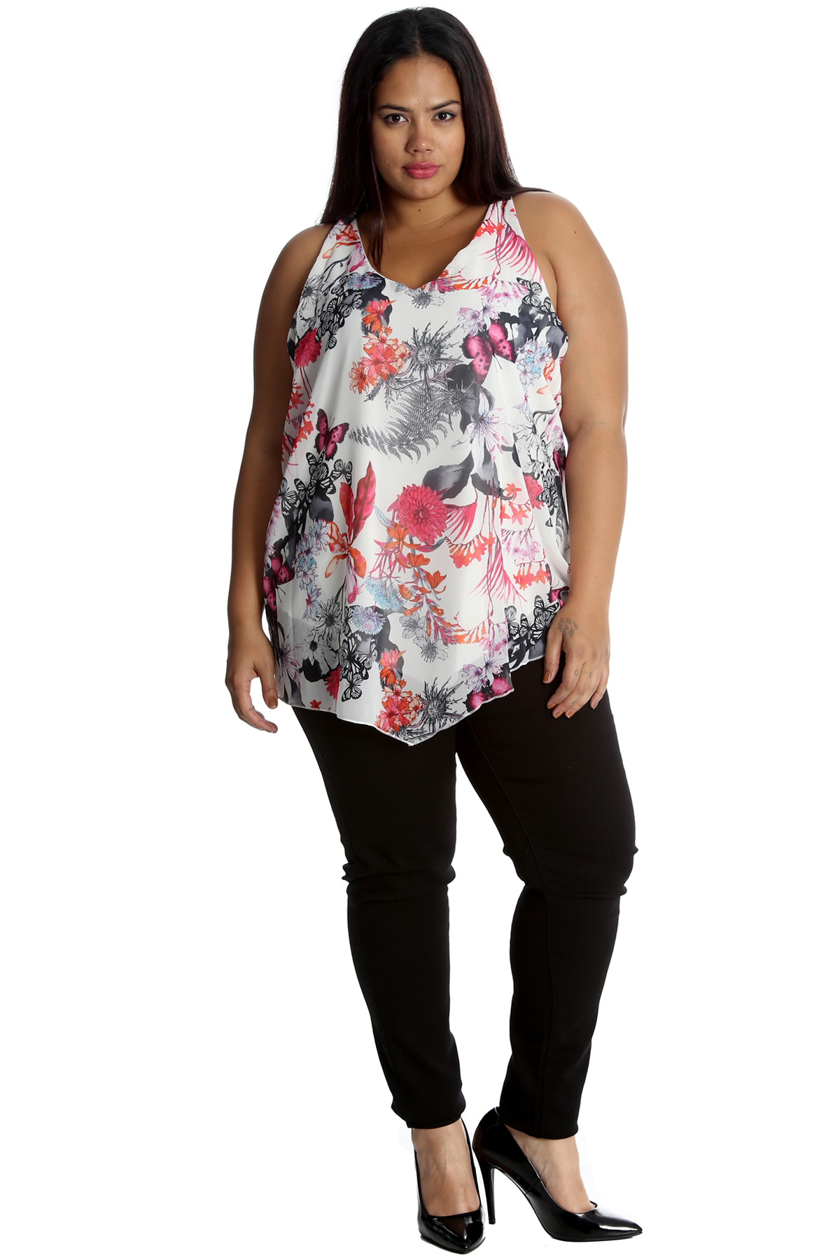 Neu Damen Chiffon Oben Übergröße Blumenschmetterling Druck Tunika Nouvelle