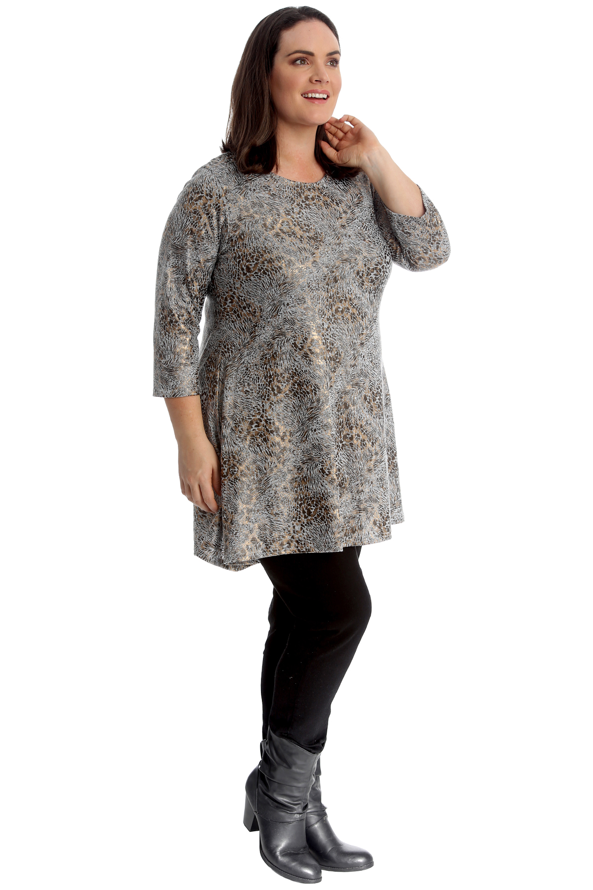 New Women Plus Size Swing Top Ladies Tunic Leopard Print Shine Gold A-Line Style