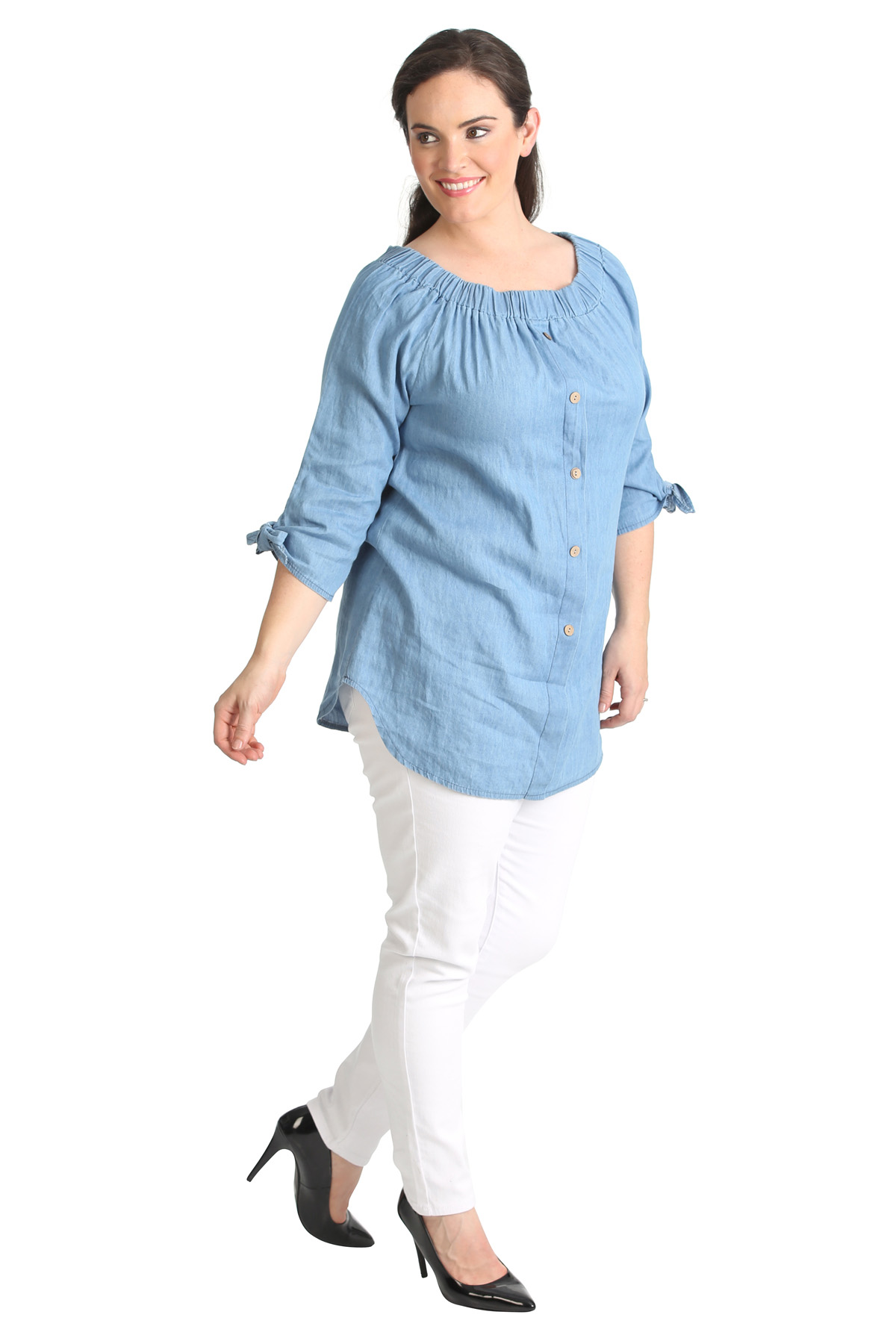 New Ladies Plus Size Top Bardot Button Denim Style Shirt Elastaicated Nouvelle