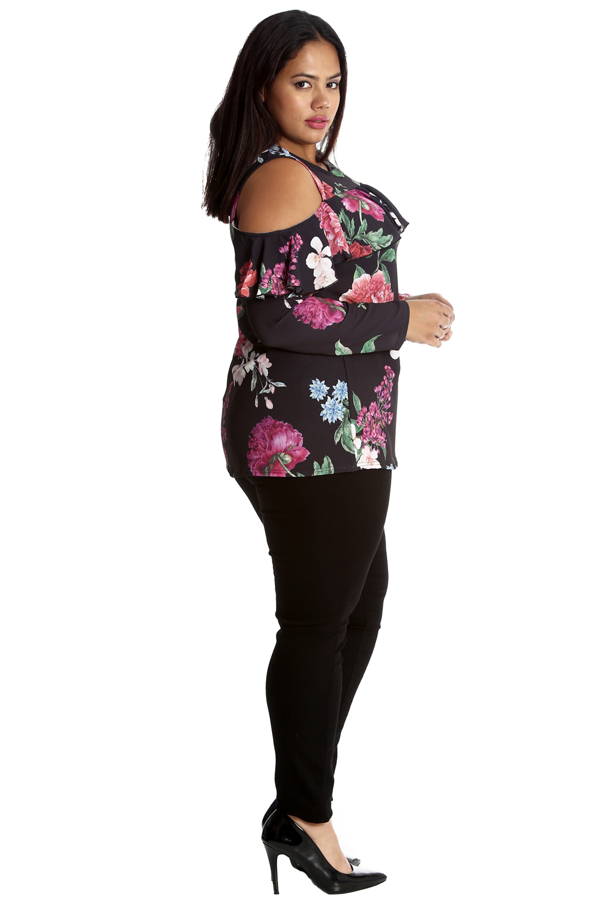 New Womens Plus Size Top Floral Print Ladies Frill Tunic Cold Shoulder Nouvelle