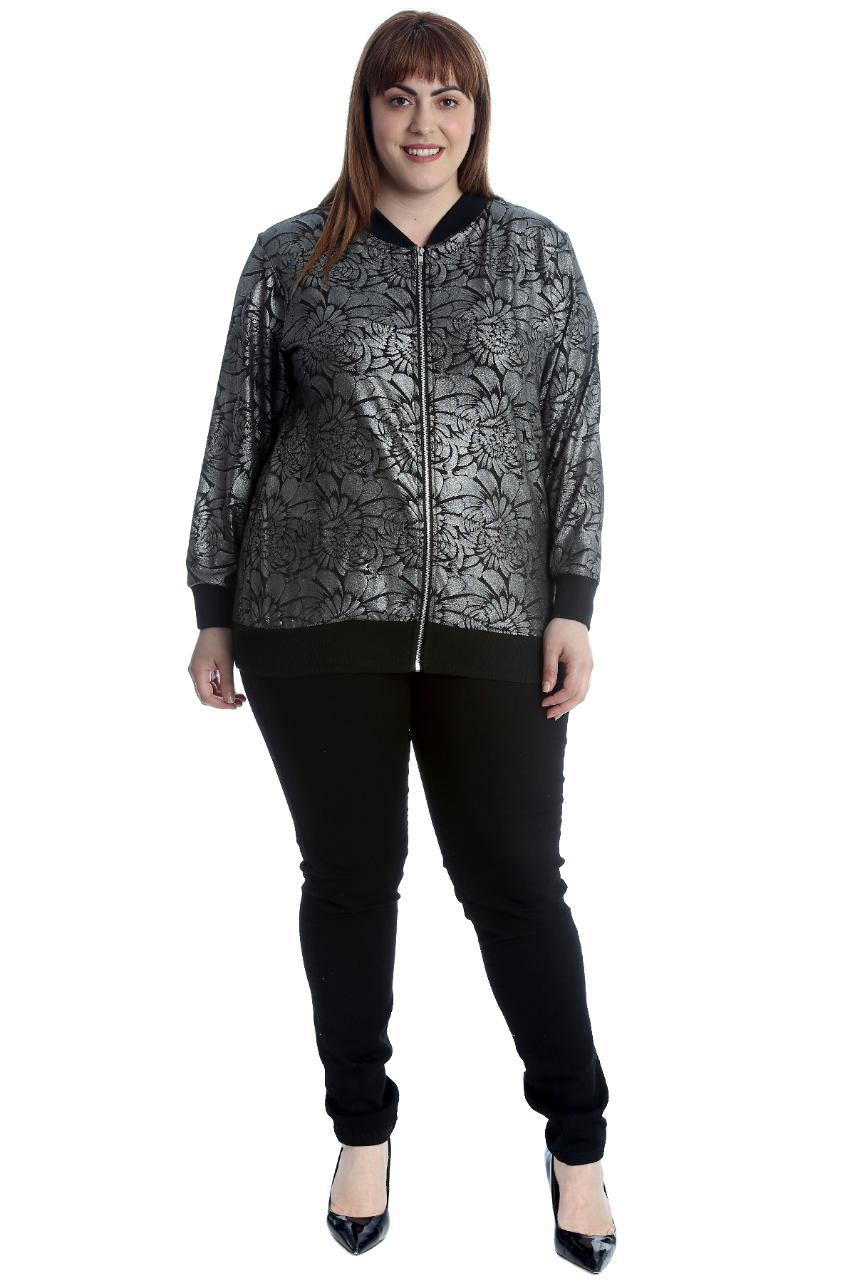New Women Plus Size Bomber Jacket Ladies Glitter Floral Print Zip Closure Ribbed