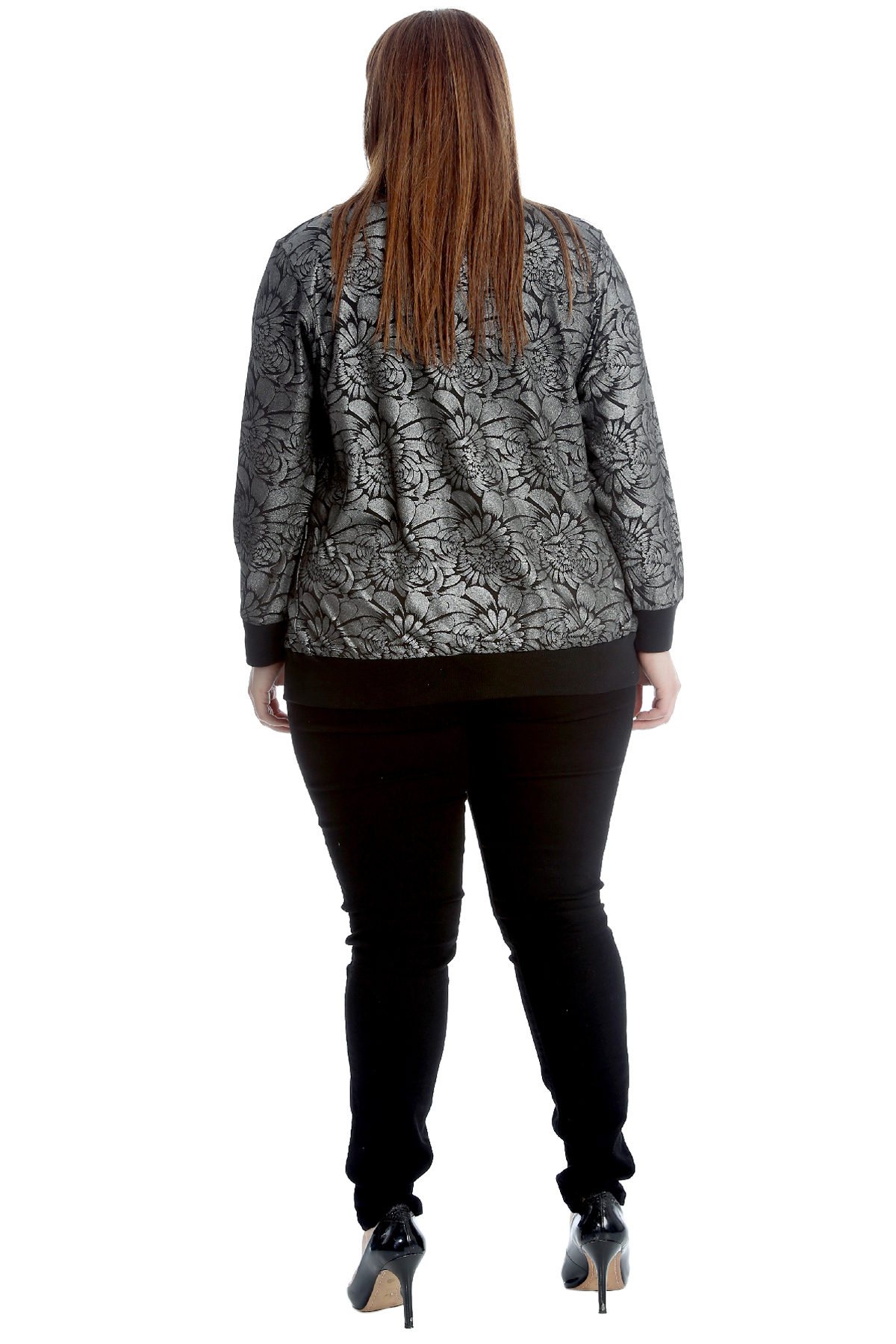 New Women Plus Size Bomber Jacket Ladies Glitter Floral Print Zip Closure Ribbed