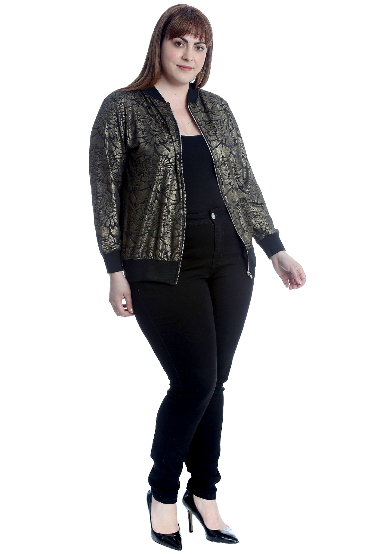 New Women Plus Size Bomber Jacket Ladies Glitter Floral Print Zip Closure Ribbed