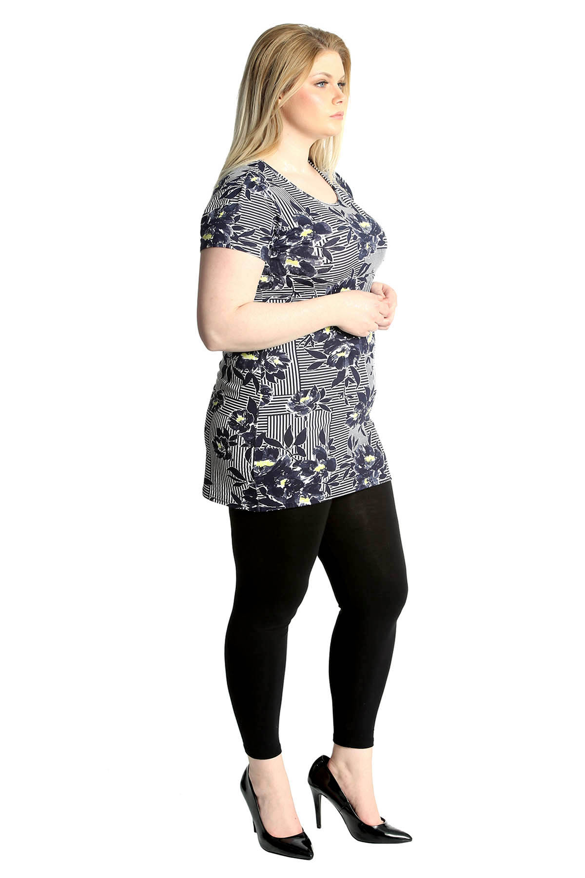 Neu Damen Übergröße Oben Frau Streifen Blumen Druck T-Hemd Tunika Lange T-Shirt